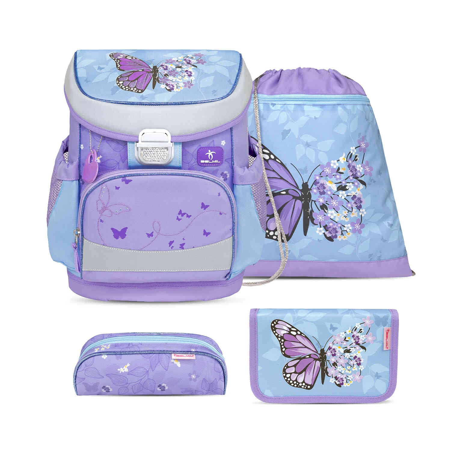 Ergonomic School Bag Set for Girls – Belmil Mini-Fit Purple Blue Butterfly (4 pcs) showcasing the front view with vibrant butterfly design.
