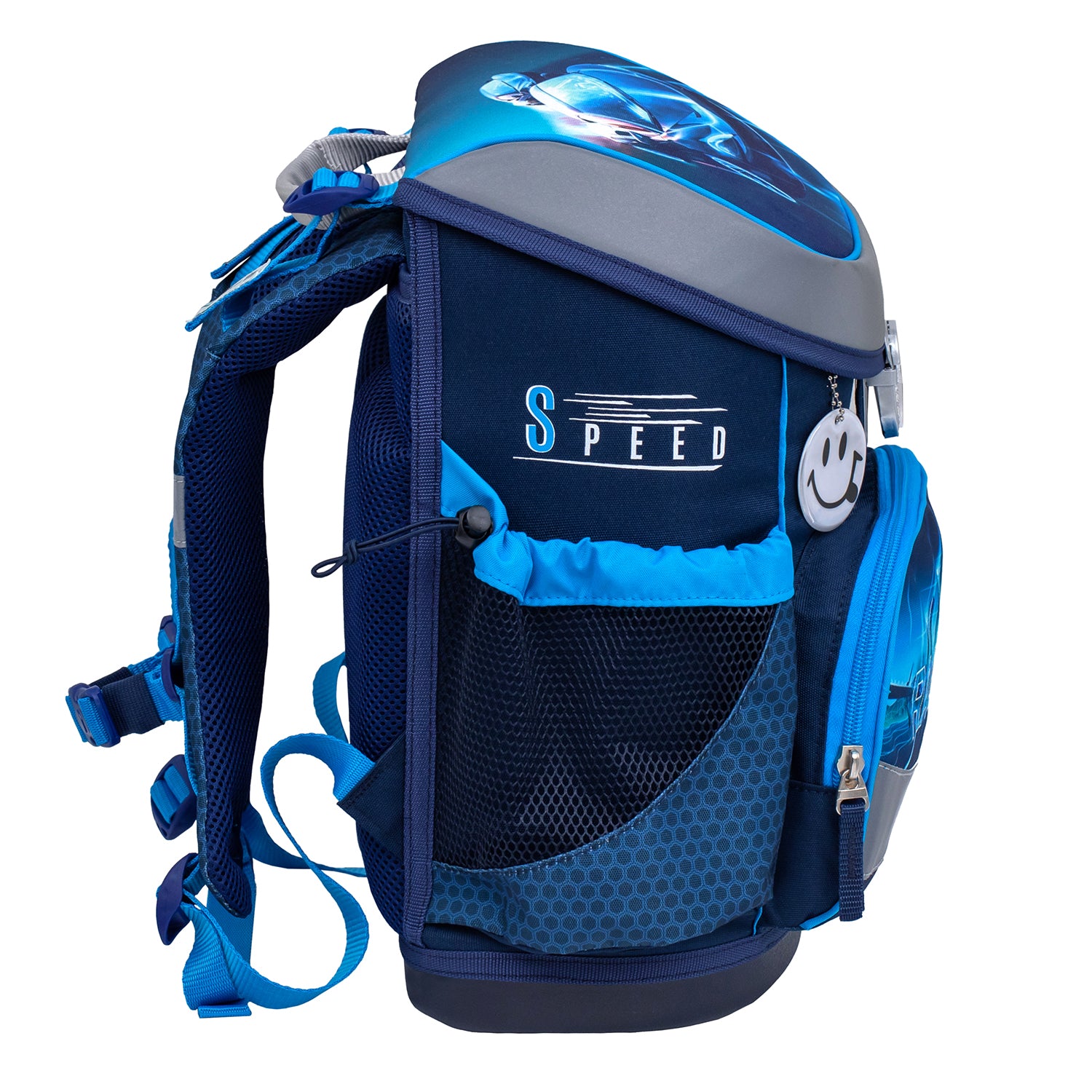 Smart interior layout of the Belmil Mini-Fit Ergonomic School Bag Set 'Racing Blue Neon' with side pockets and front zip compartment.