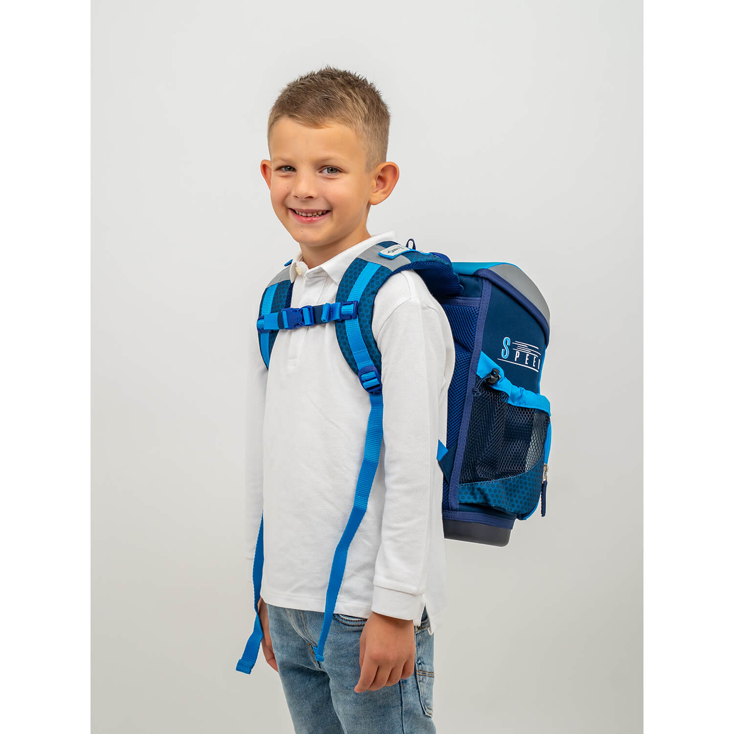 Belmil Mini-Fit Ergonomic School Bag Set “Racing Blue Neon" + Dinosaur Raincoat – 5-Piece Compact and Comfortable School Starter Set for Boys