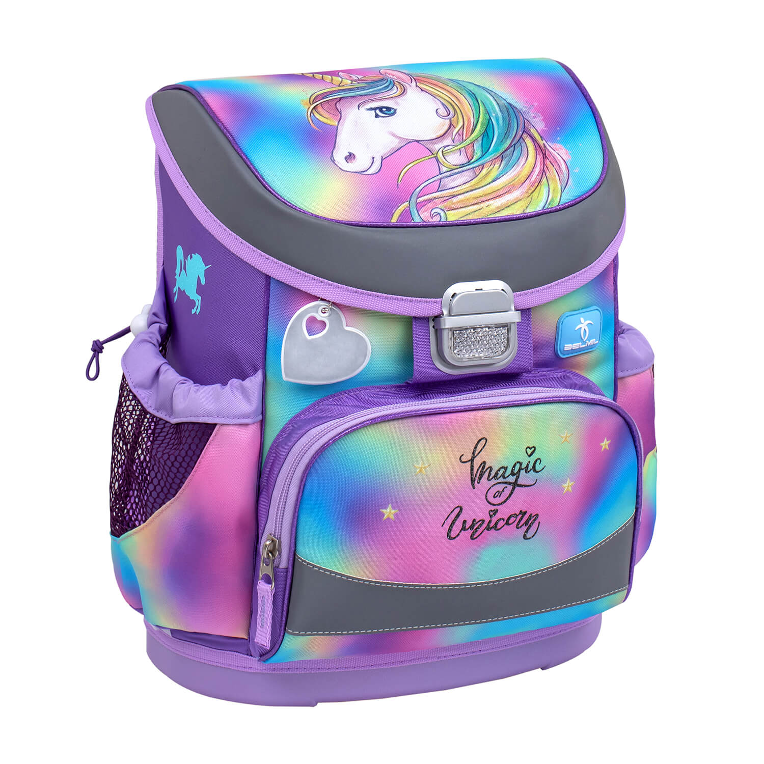 The Mini-Fit Rainbow Color schoolbag set 4 pcs displayed with reflections, perfect for young girls looking for an Ergonomic School Bag Set by Belmil.