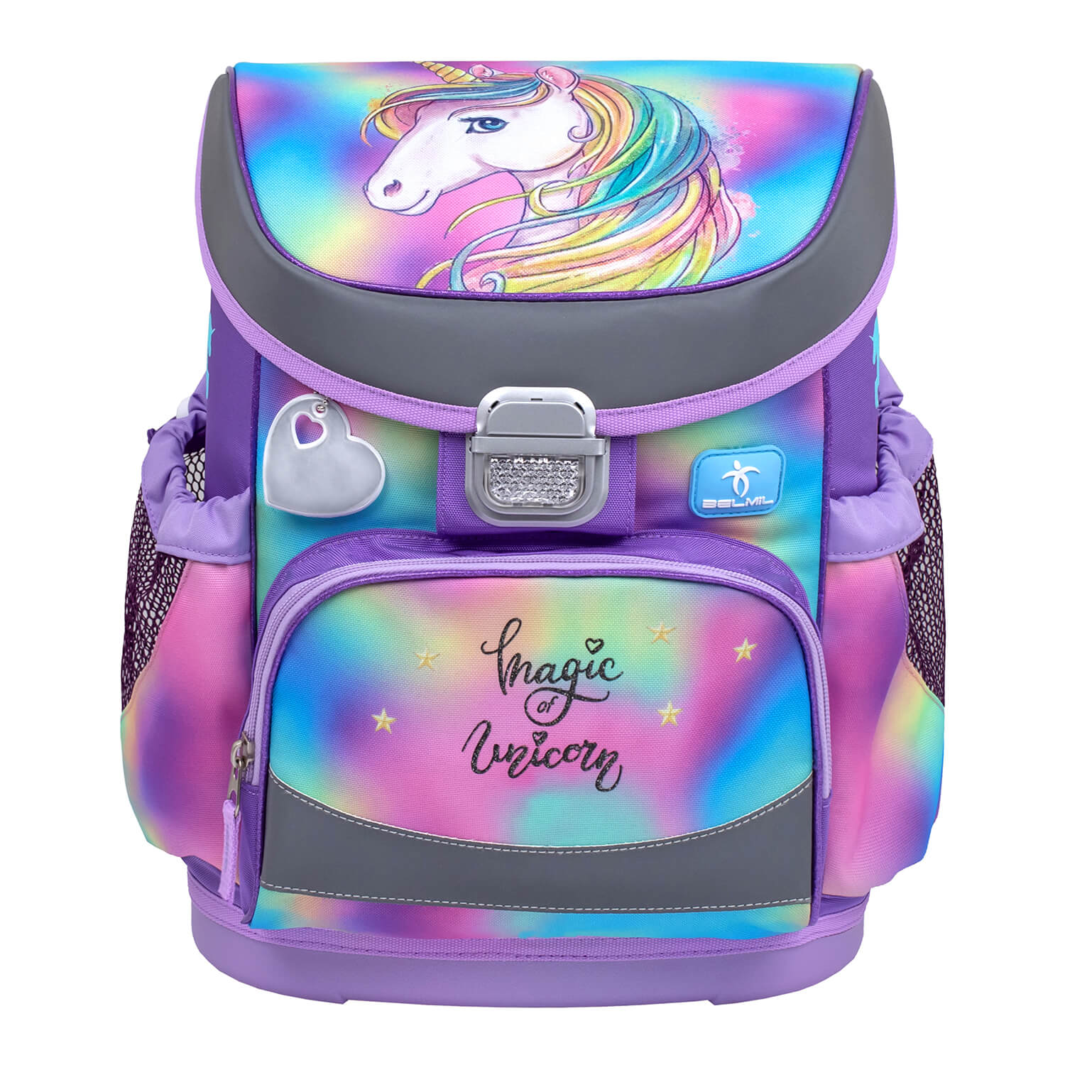 Demonstrating the ergonomic features of the Mini-Fit Rainbow Color schoolbag set 4 pcs, the ultimate Ergonomic School Bag Set for Girls by Belmil.