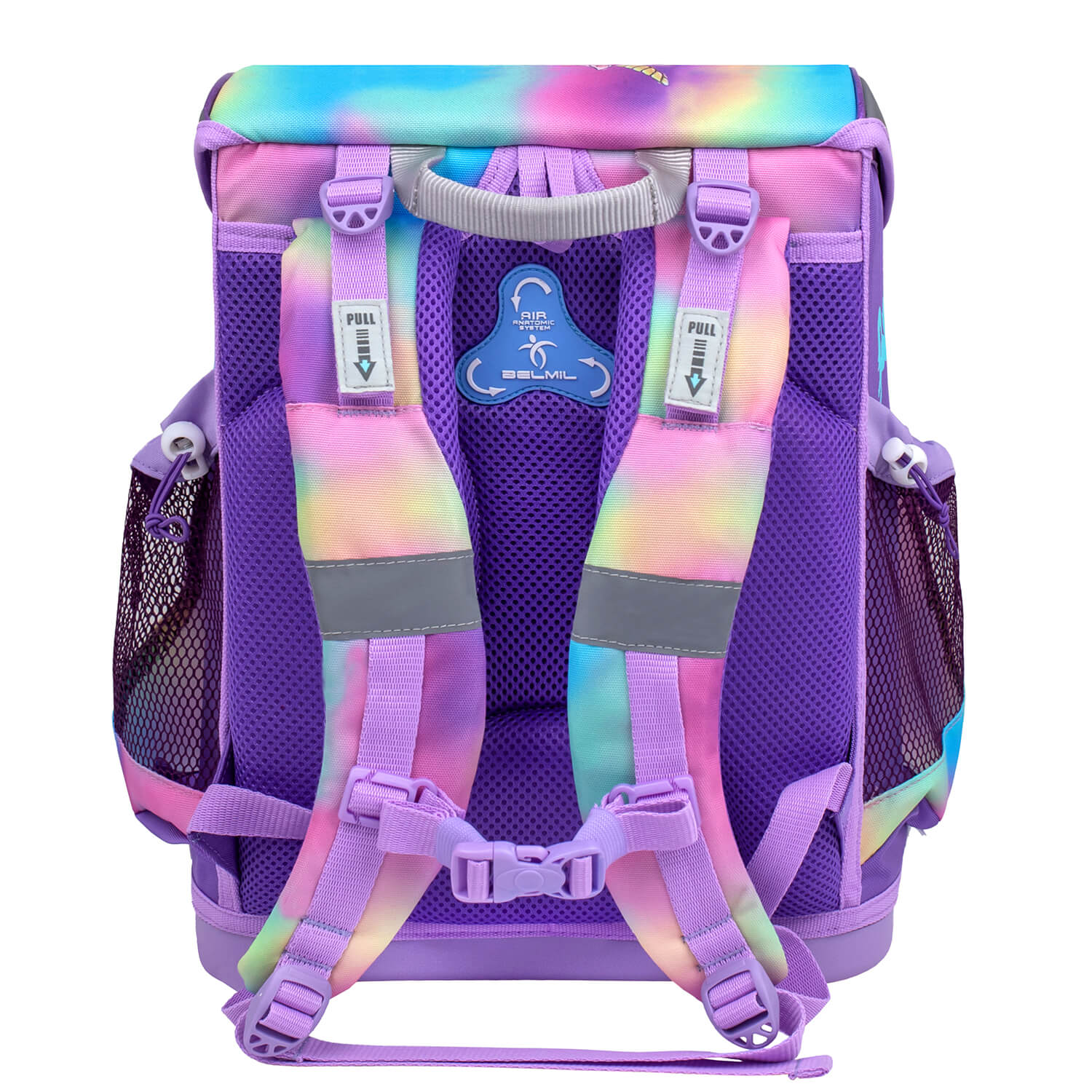 Different angles of the colorful Mini-Fit Rainbow Color schoolbag set 4 pcs, representing the Ergonomic School Bag Set for Girls by Belmil.