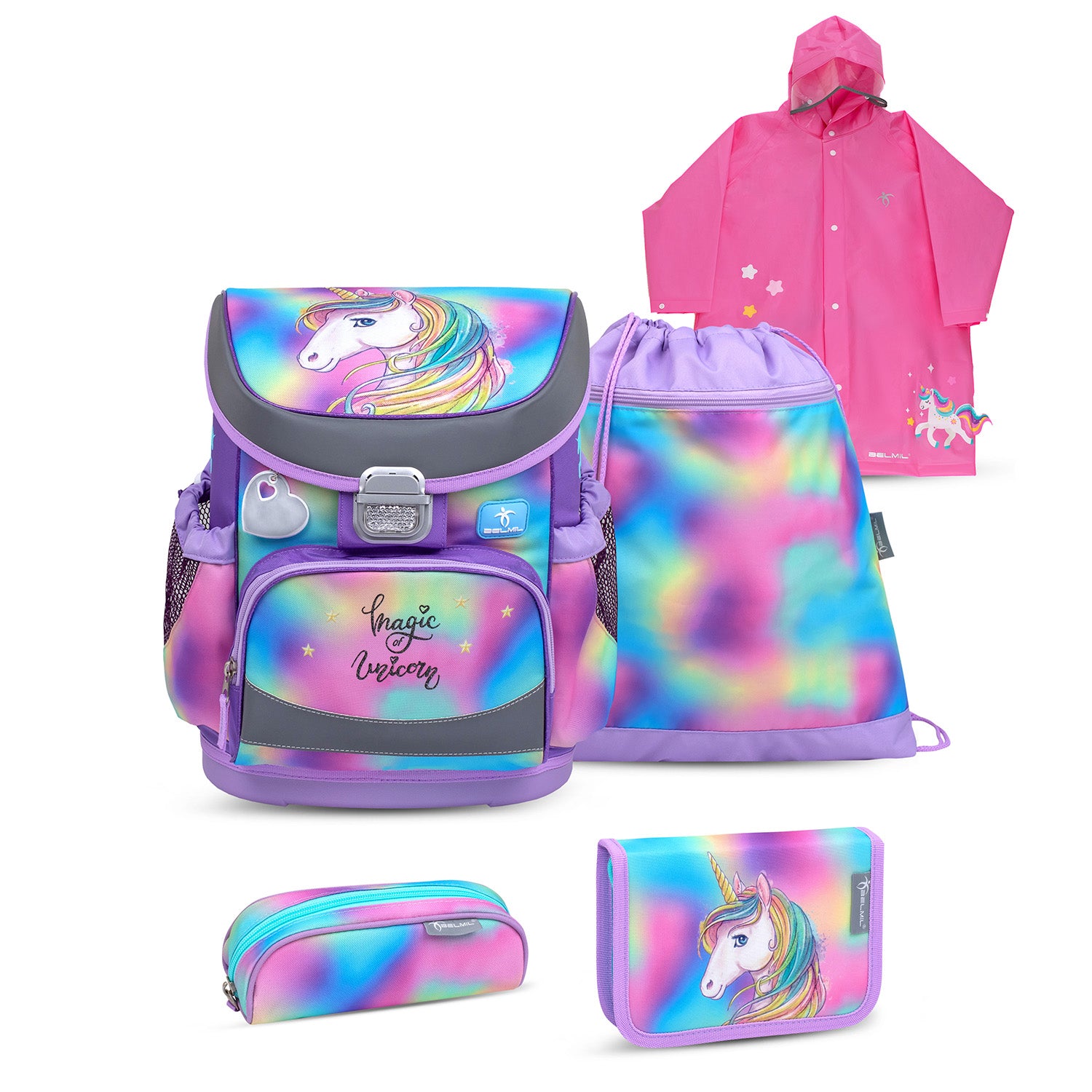Belmil Mini-Fit Ergonomic School Bag Set 'Rainbow Color' with Unicorn Raincoat designed as a 5-piece compact and comfortable school starter set for girls, featuring vibrant colors and ergonomic design.