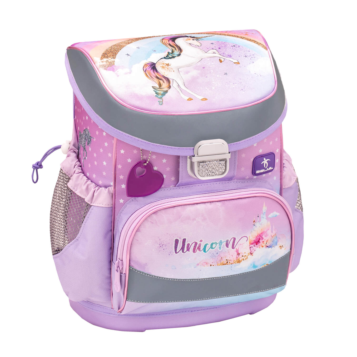 Front view of Mini-Fit Rainbow Unicorn Schoolbag Set 4 pcs, highlighting its ergonomic features and vibrant design by Belmil.