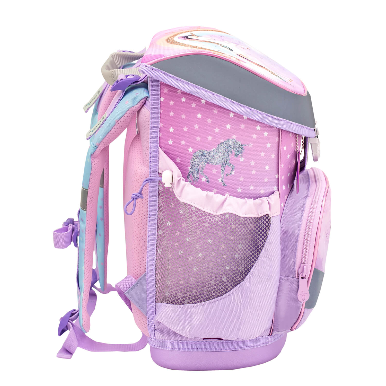 Side pocket of the Mini-Fit Rainbow Unicorn Schoolbag Set 4 pcs, perfect for young girls and featuring ergonomic support by Belmil.