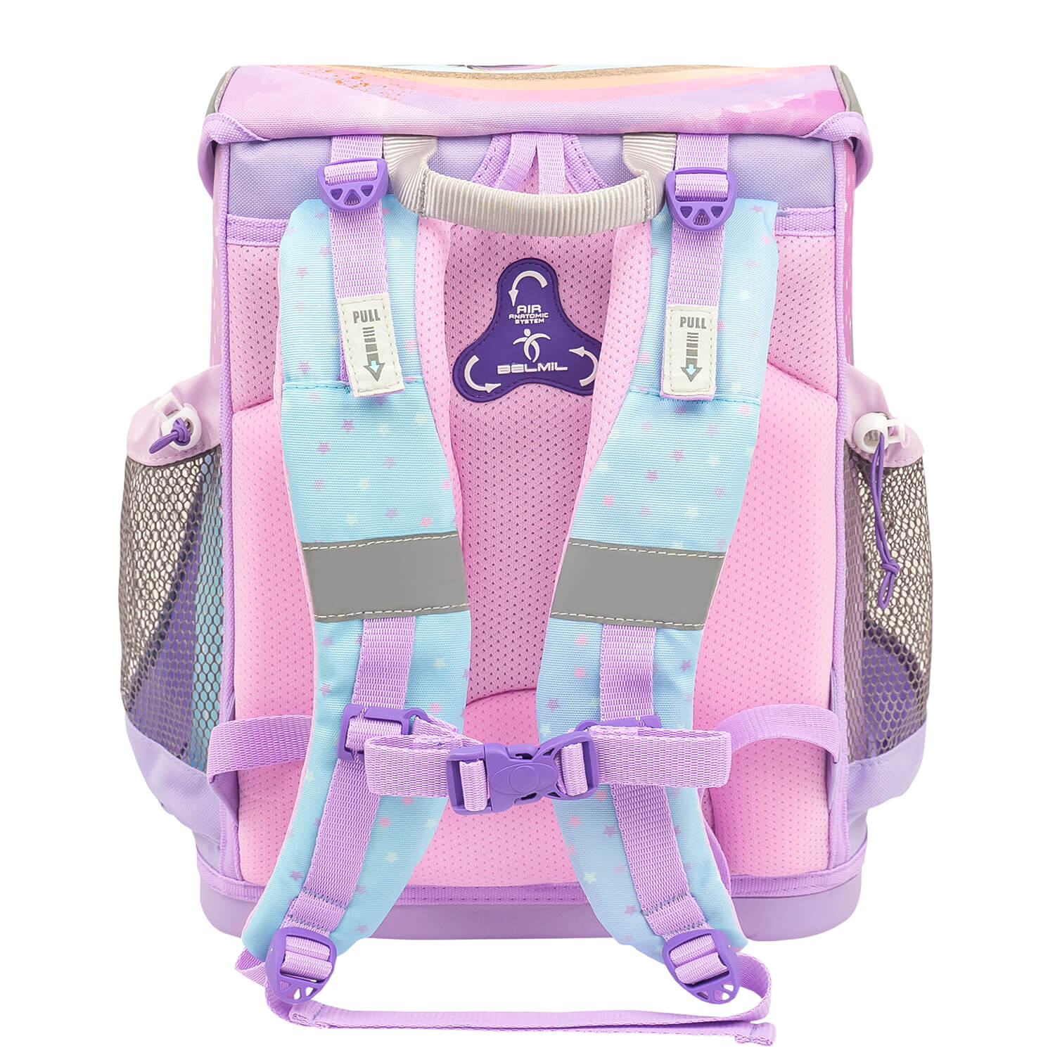 Showcasing the removable chest strap of the Mini-Fit Rainbow Unicorn Schoolbag Set 4 pcs, ensuring comfort for young students by Belmil.