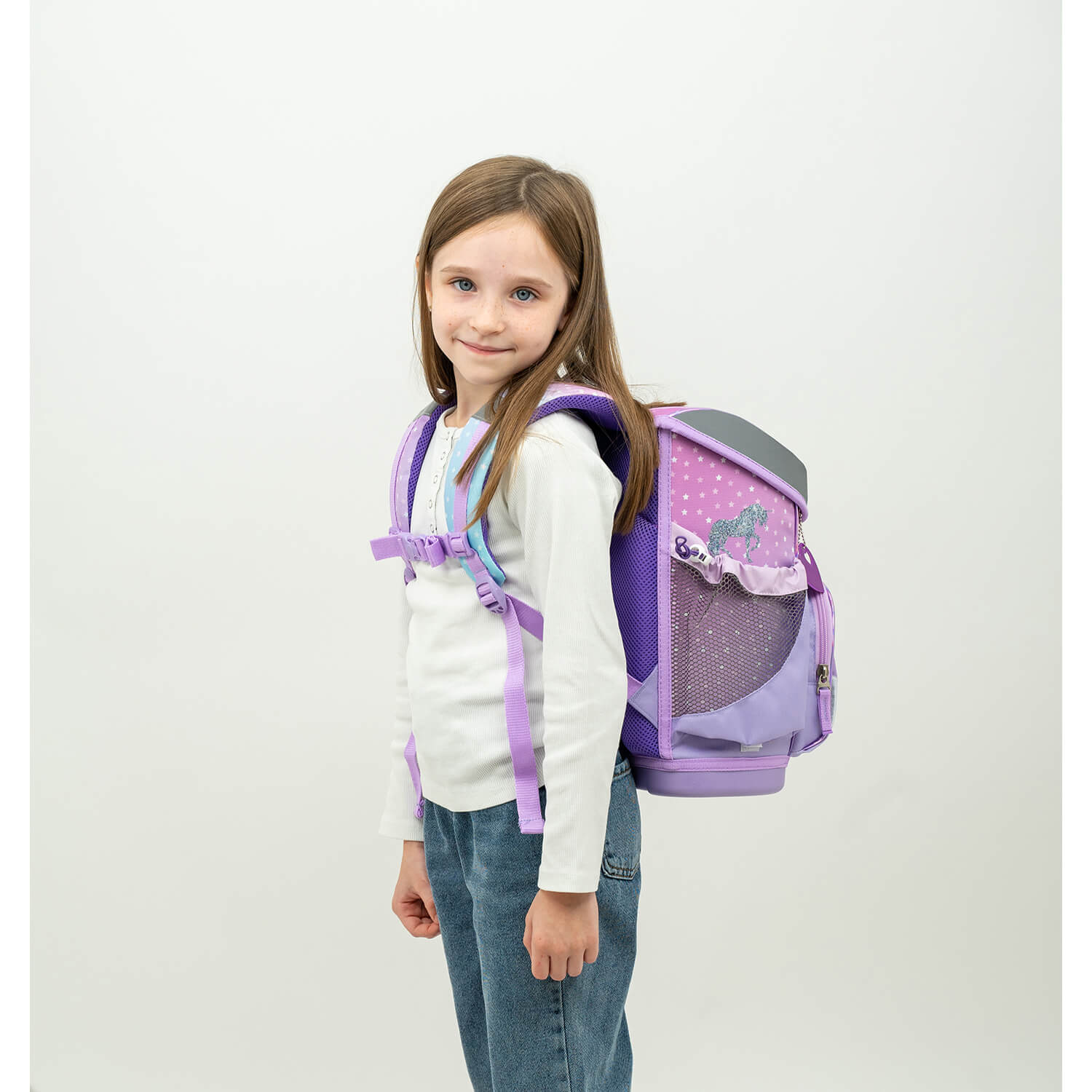 Belmil Mini-Fit Ergonomic School Bag Set “Rainbow Unicorn” + Unicorn Raincoat – 5-Piece Compact and Comfortable School Starter Set for Girls
