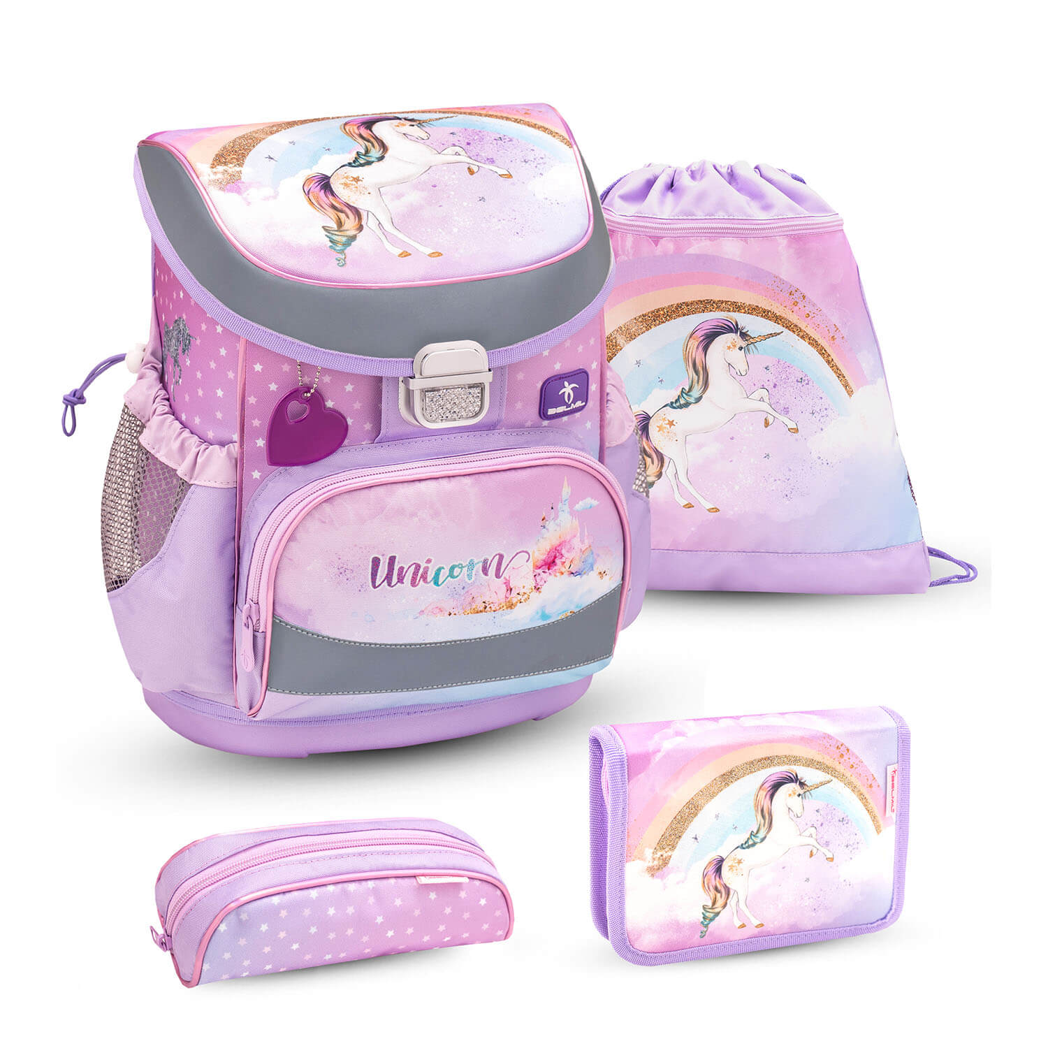 Mini-Fit Rainbow Unicorn Schoolbag Set 4 pcs, featuring an ergonomic design for comfort, perfect for first graders, by Belmil.
