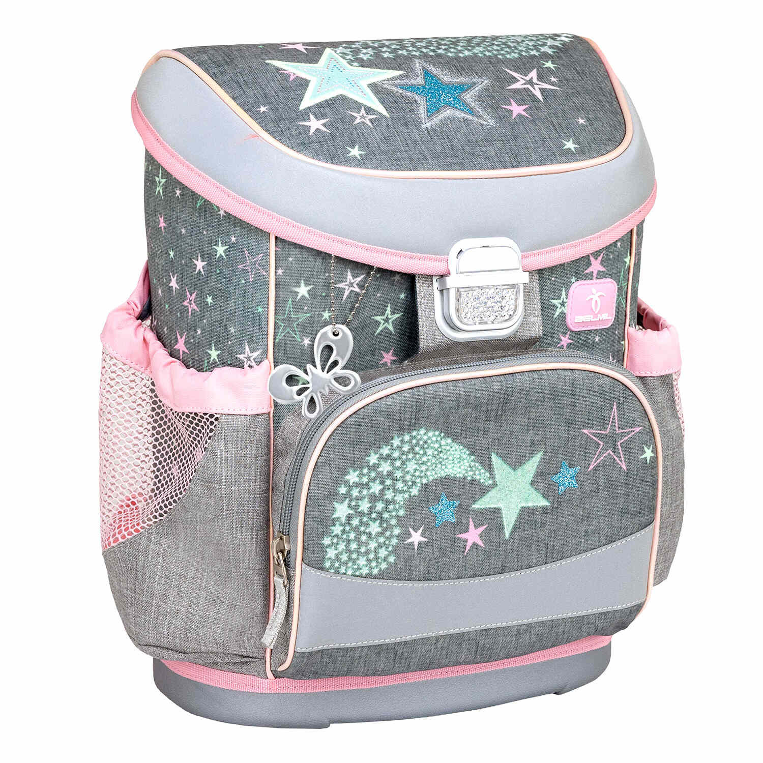 Overview of the Mini-Fit Shine Bright schoolbag set 4 pcs with large compartments, perfect for school supplies. Ergonomic School Bag Set for Girls – Belmil Mini-Fit Shine Bright (4 pcs).