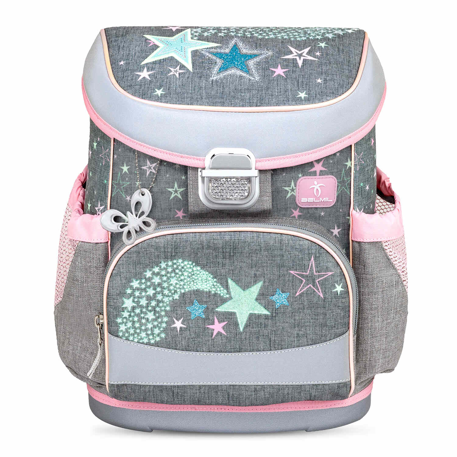 Close up of the Mini-Fit Shine Bright schoolbag set 4 pcs highlighting easy-to-open metal buckle feature. Ergonomic School Bag Set for Girls – Belmil Mini-Fit Shine Bright (4 pcs).