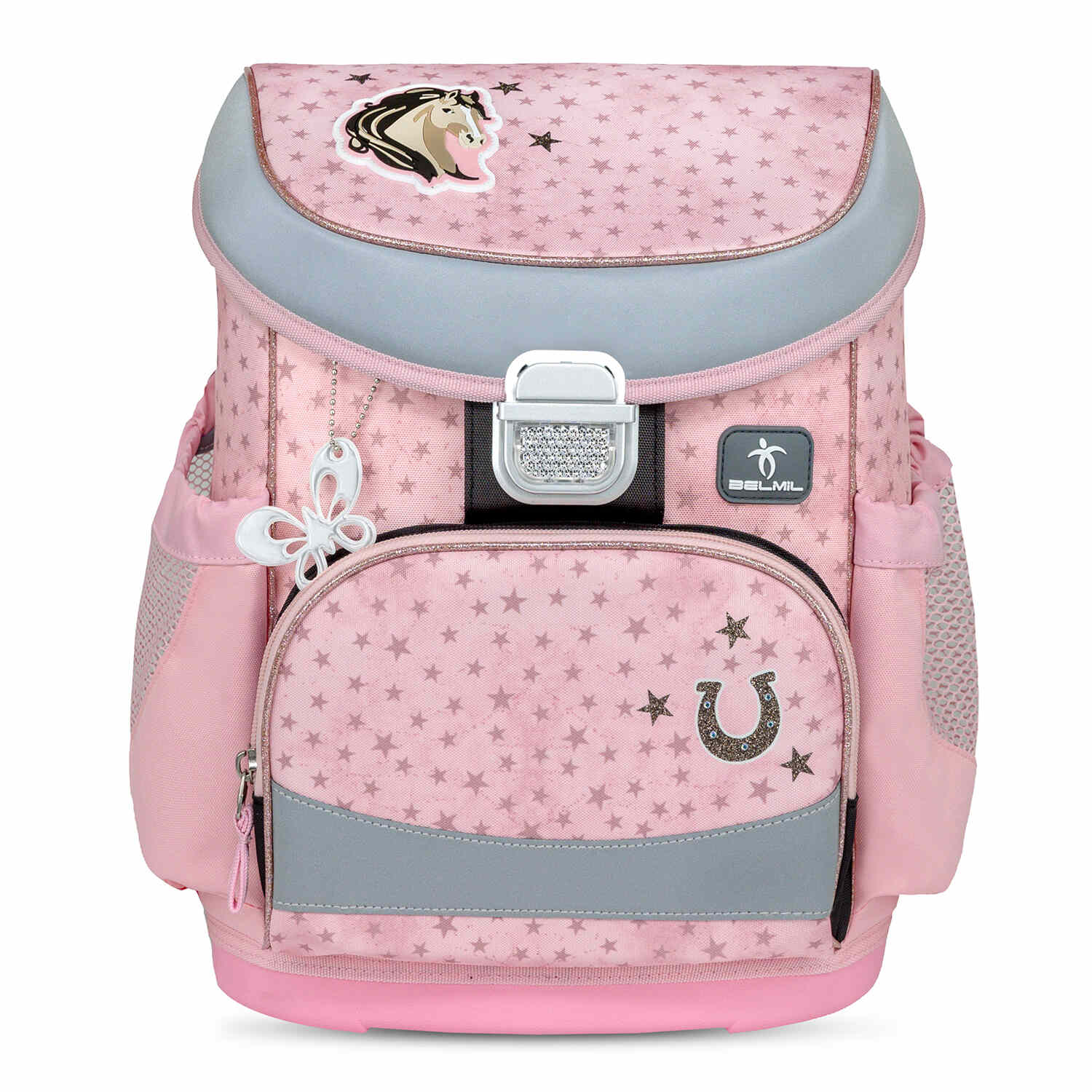 Girl using the Ergonomic School Bag Set for Girls – Belmil Mini-Fit Star Horses (4 pcs) while walking to school.