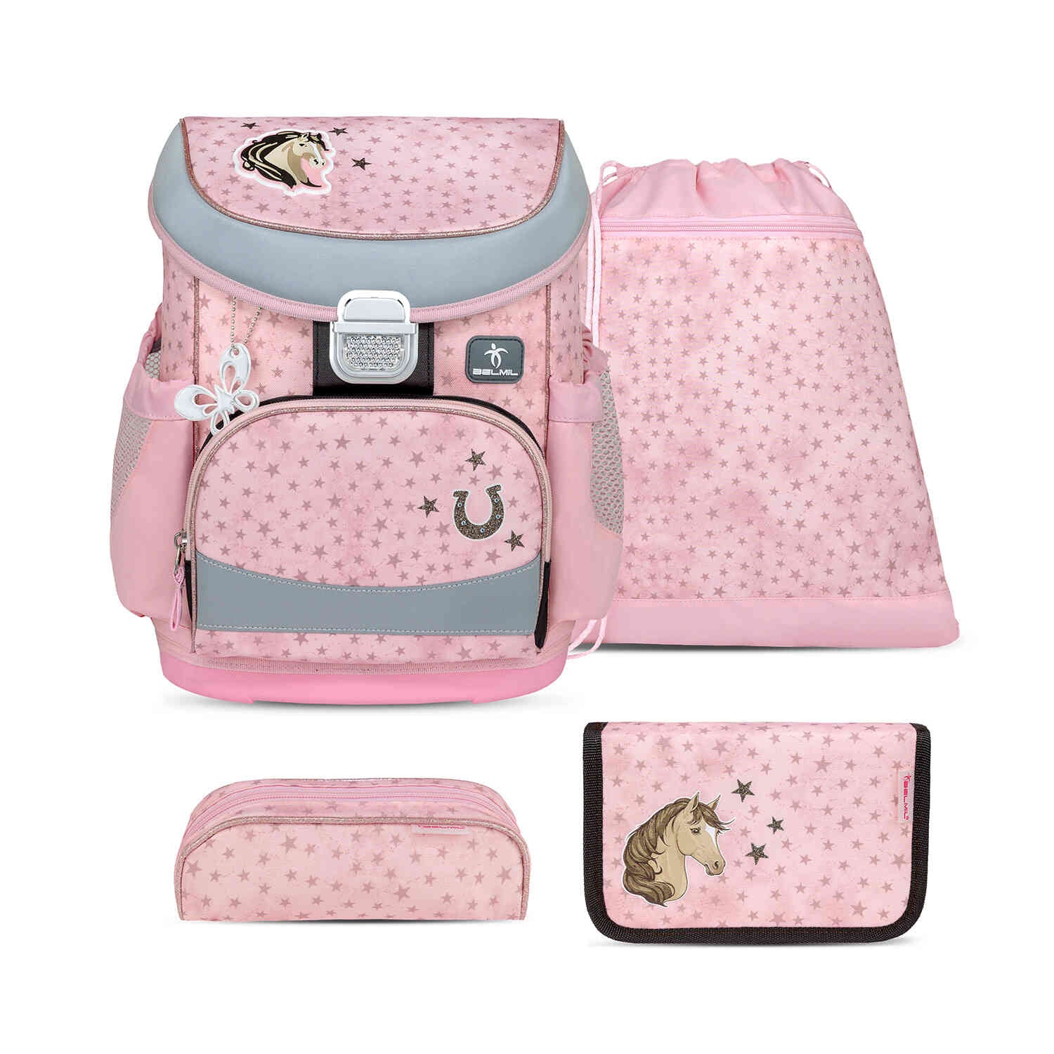 Stylish Ergonomic School Bag Set for Girls – Belmil Mini-Fit Star Horses (4 pcs) showcased in a vibrant display.