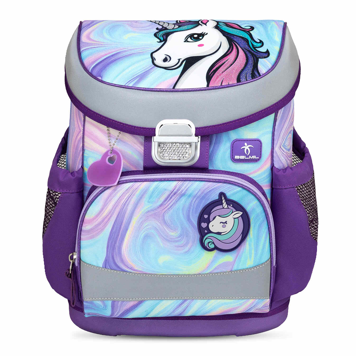 Reflective safety features of the Ergonomic School Bag Set for Girls – Belmil Mini-Fit Unicorn Dream (4 pcs) for visibility.