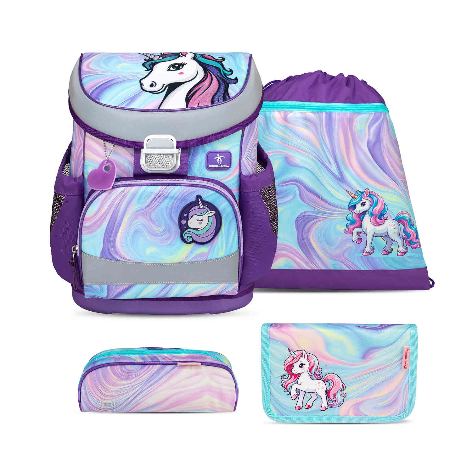 Ergonomic School Bag Set for Girls – Belmil Mini-Fit Unicorn Dream (4 pcs) featuring a colorful unicorn design.