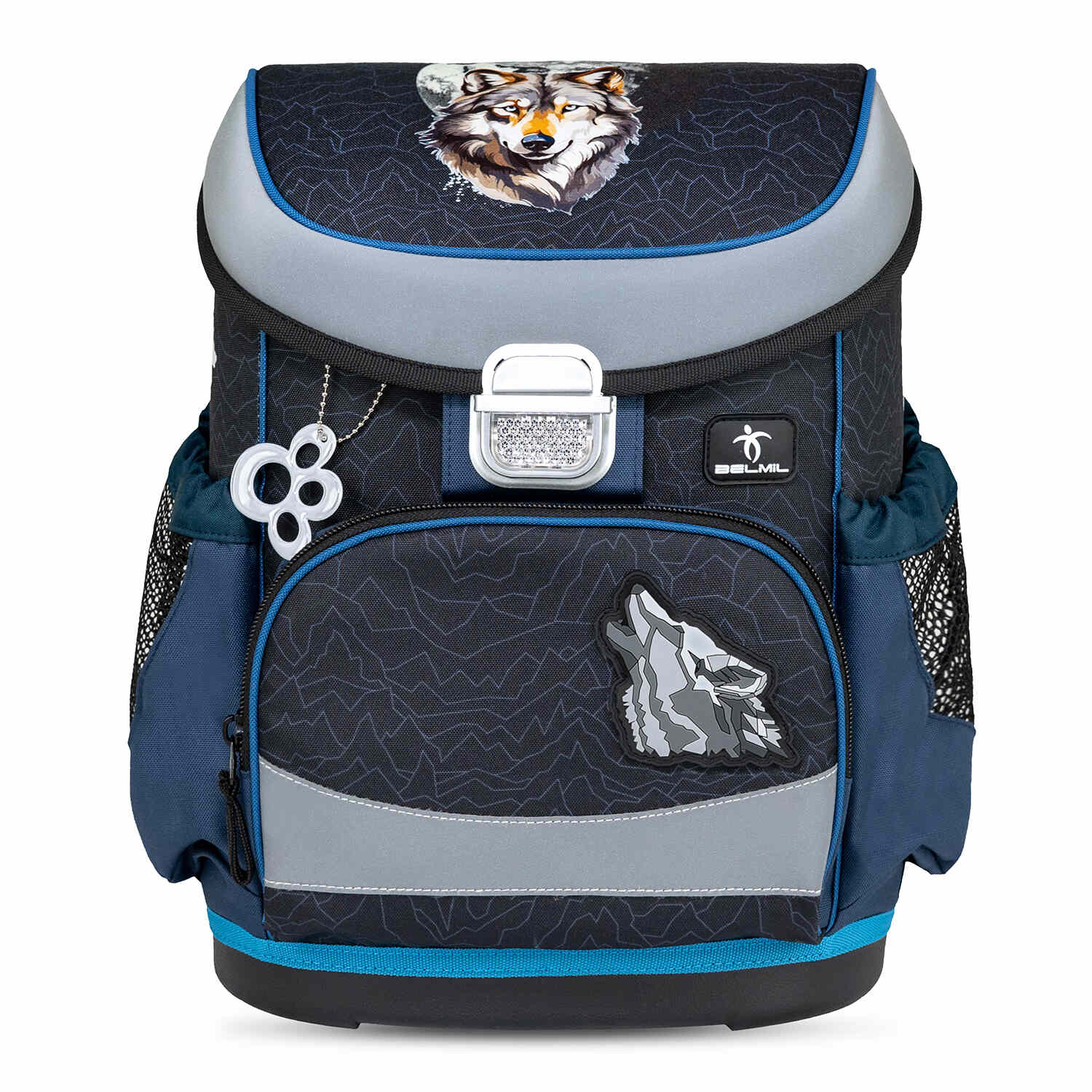 Ergonomic School Bag Set for Boys – Belmil Mini-Fit Wolves Pack (4 pcs) highlighting the lightweight design and spacious compartments ideal for first graders.