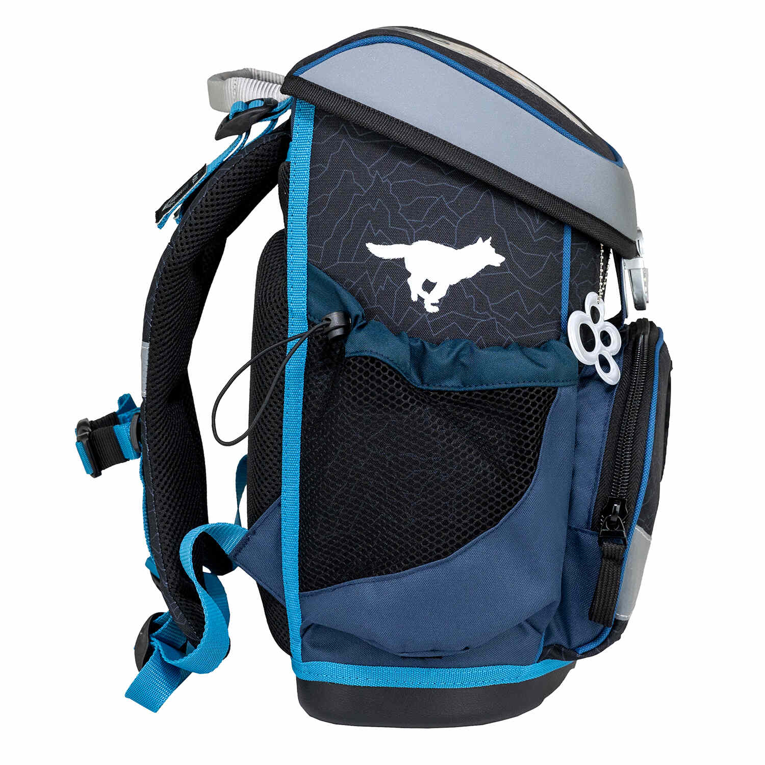 Ergonomic School Bag Set for Boys – Belmil Mini-Fit Wolves Pack (4 pcs) depicting the school bag's reflective metal buckle for added safety.