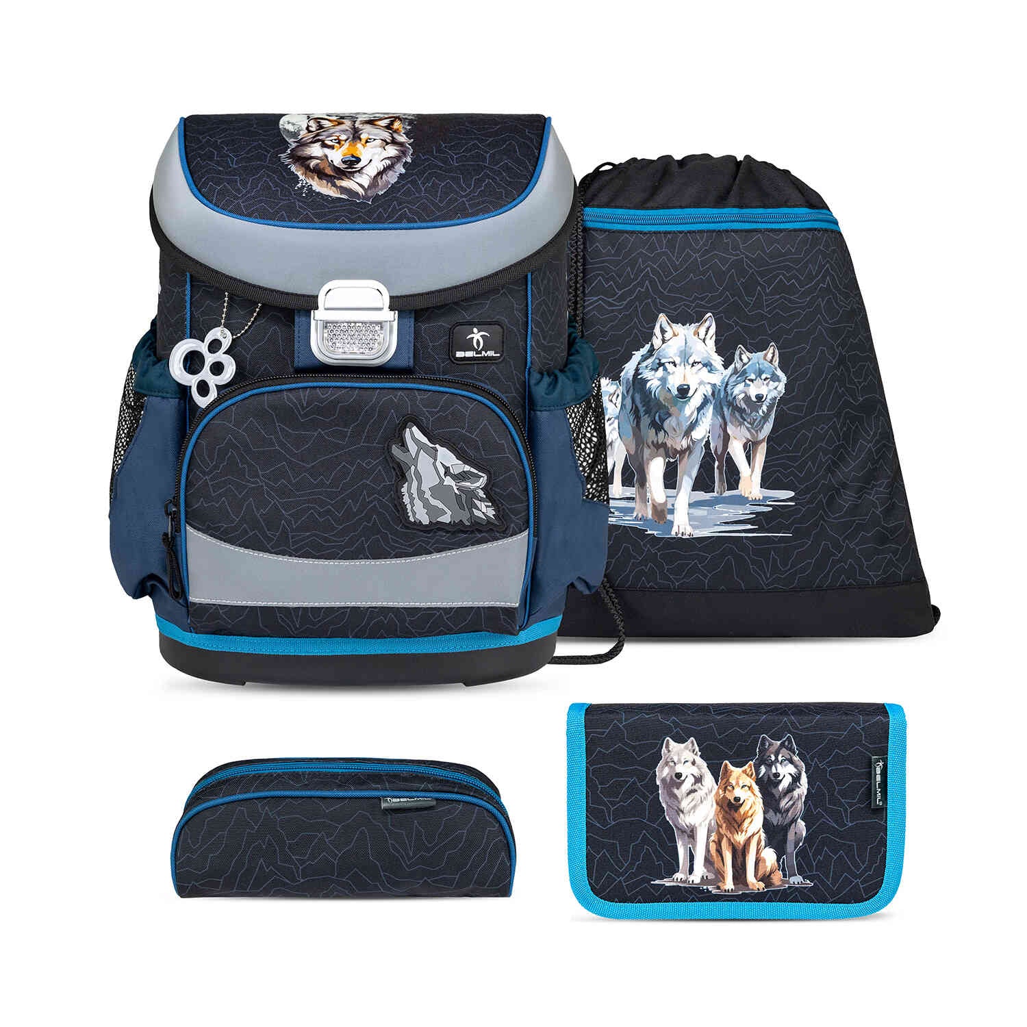 Ergonomic School Bag Set for Boys – Belmil Mini-Fit Wolves Pack (4 pcs) featuring the school bag with ergonomic design and cheerful wolf graphics.