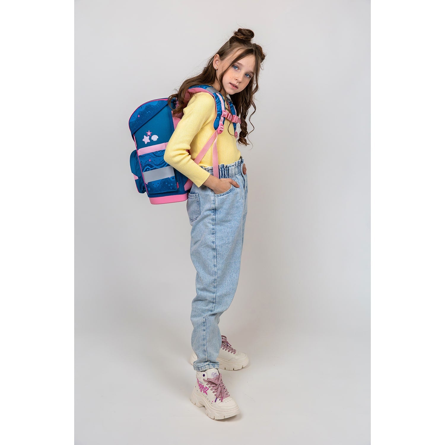Stylish Belmil Compact Mermaid School Bag Set – 5-Piece Ergonomic Backpack with AGR Certificate, Fidlock Buckle & 4 Decorative Patches shown from the front.