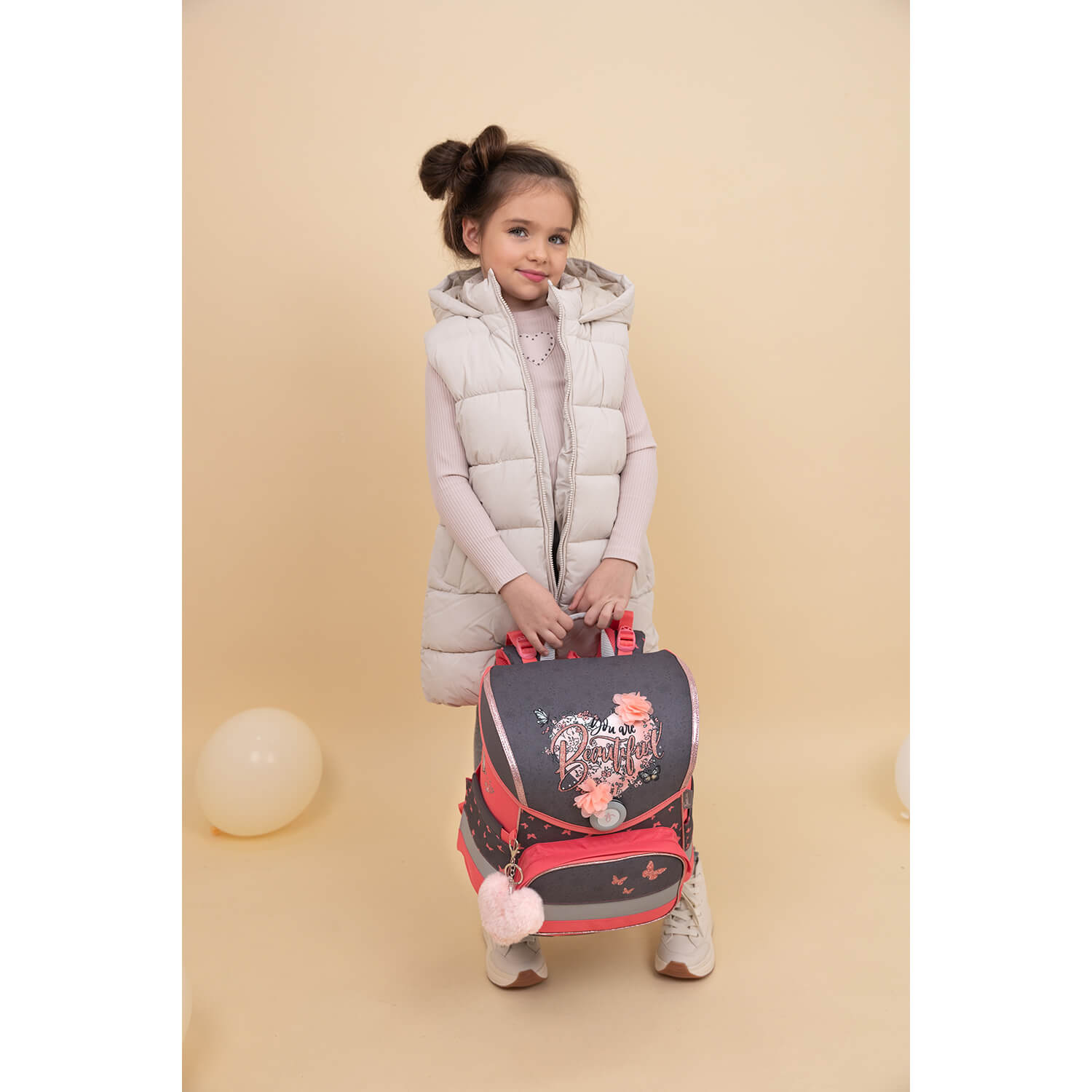 Close-up view of the adjustable straps and ergonomic back panel of the Belmil Compact Ergonomic School Bag Set “Bloomy Blossom” Design + Unicorn Raincoat – 5-Piece Set for Girls.