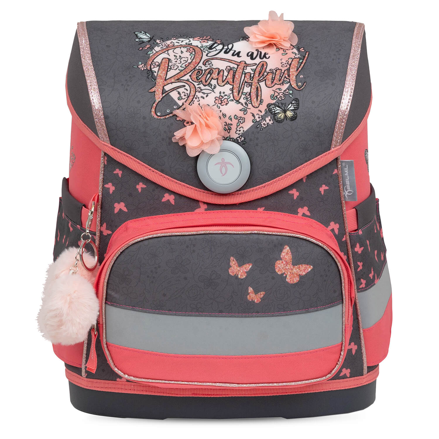 Showcasing the lightweight design of the Belmil Compact Ergonomic School Bag Set “Bloomy Blossom” Design + Unicorn Raincoat – 5-Piece Set for Girls with charming butterfly details.