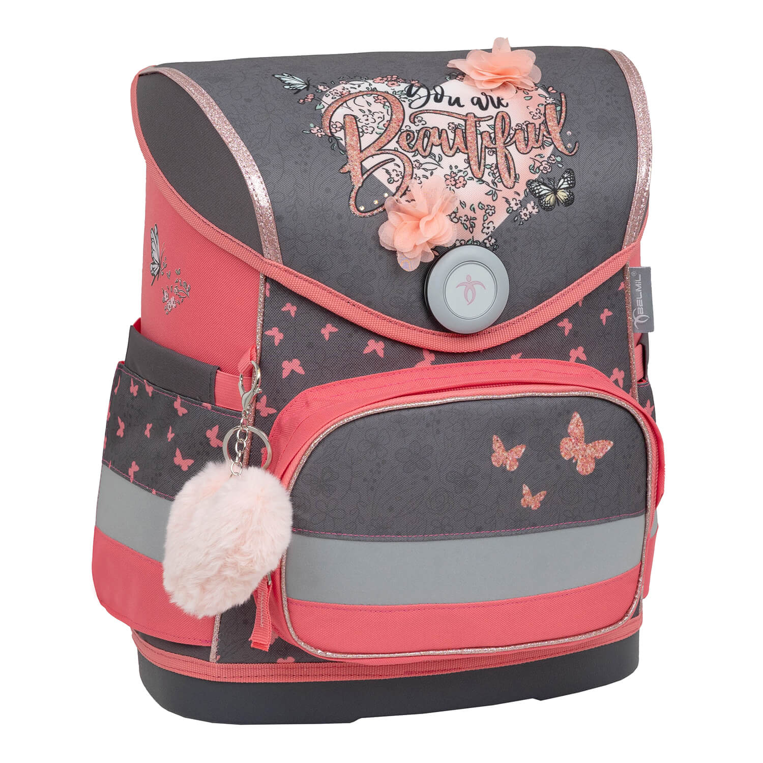 Reflective elements on the Belmil Compact Ergonomic School Bag Set “Bloomy Blossom” Design + Unicorn Raincoat – 5-Piece Set for Girls for enhanced visibility.