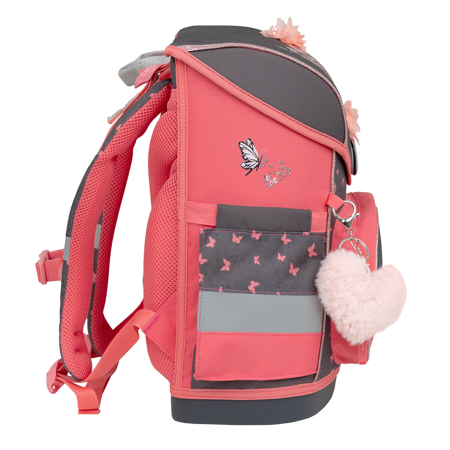 The complete Belmil Compact Ergonomic School Bag Set “Bloomy Blossom” Design + Unicorn Raincoat – 5-Piece Set for Girls featuring gym bag and pencil cases.