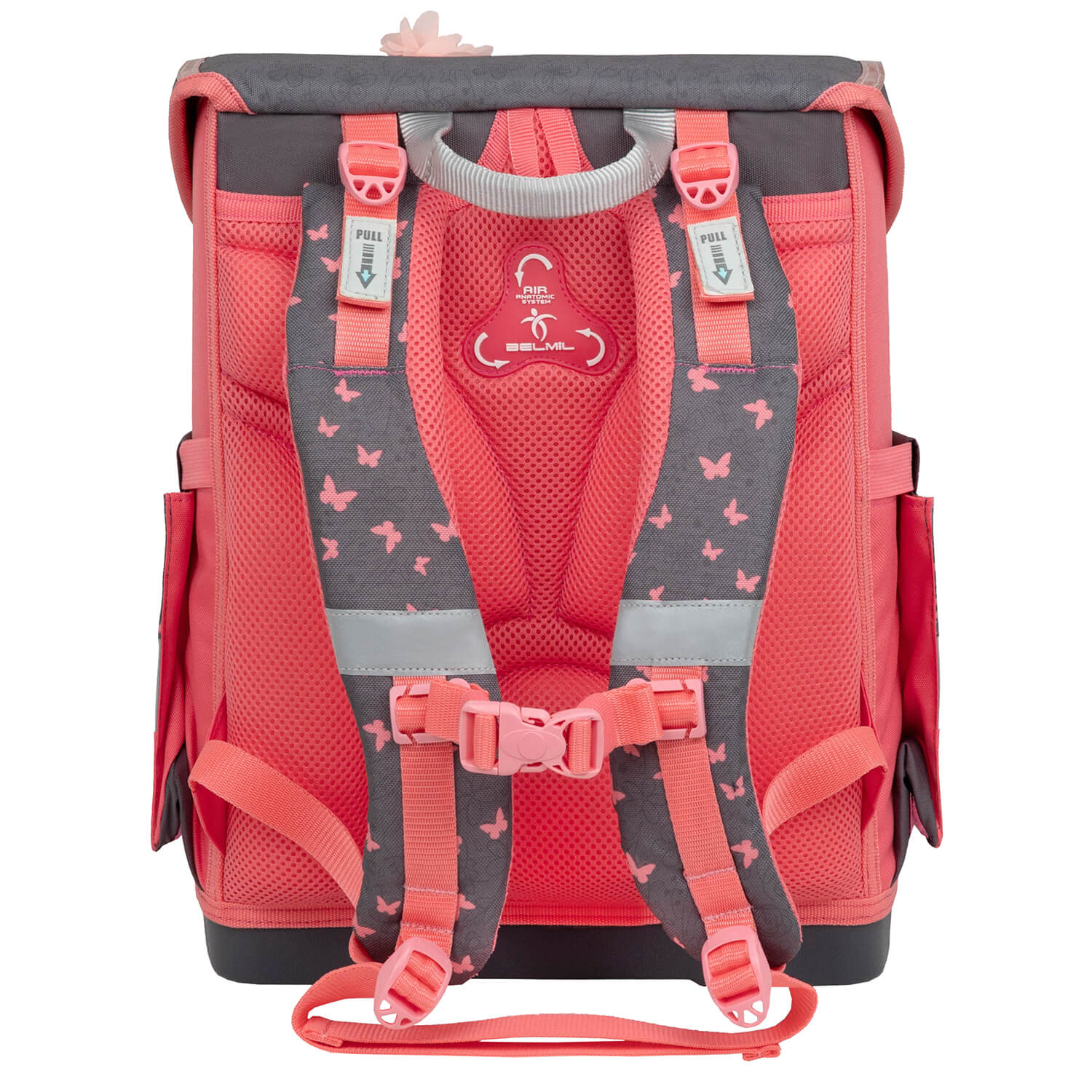 The charming floral design details of the Belmil Compact Ergonomic School Bag Set “Bloomy Blossom” Design + Unicorn Raincoat – 5-Piece Set for Girls.