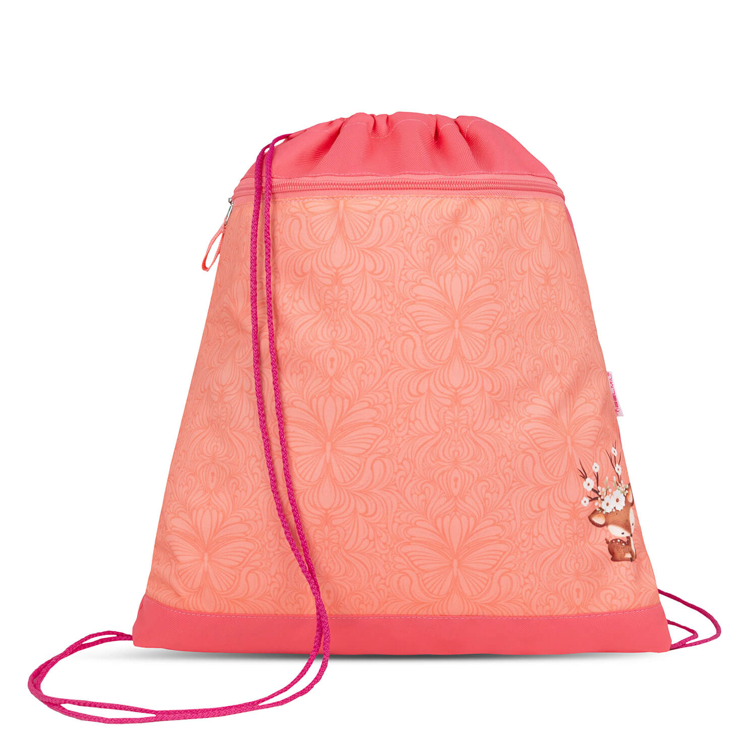 All components of the Belmil Compact Ergonomic School Bag Set 'Cute Doe' Displayed with gym bag and pencil cases.