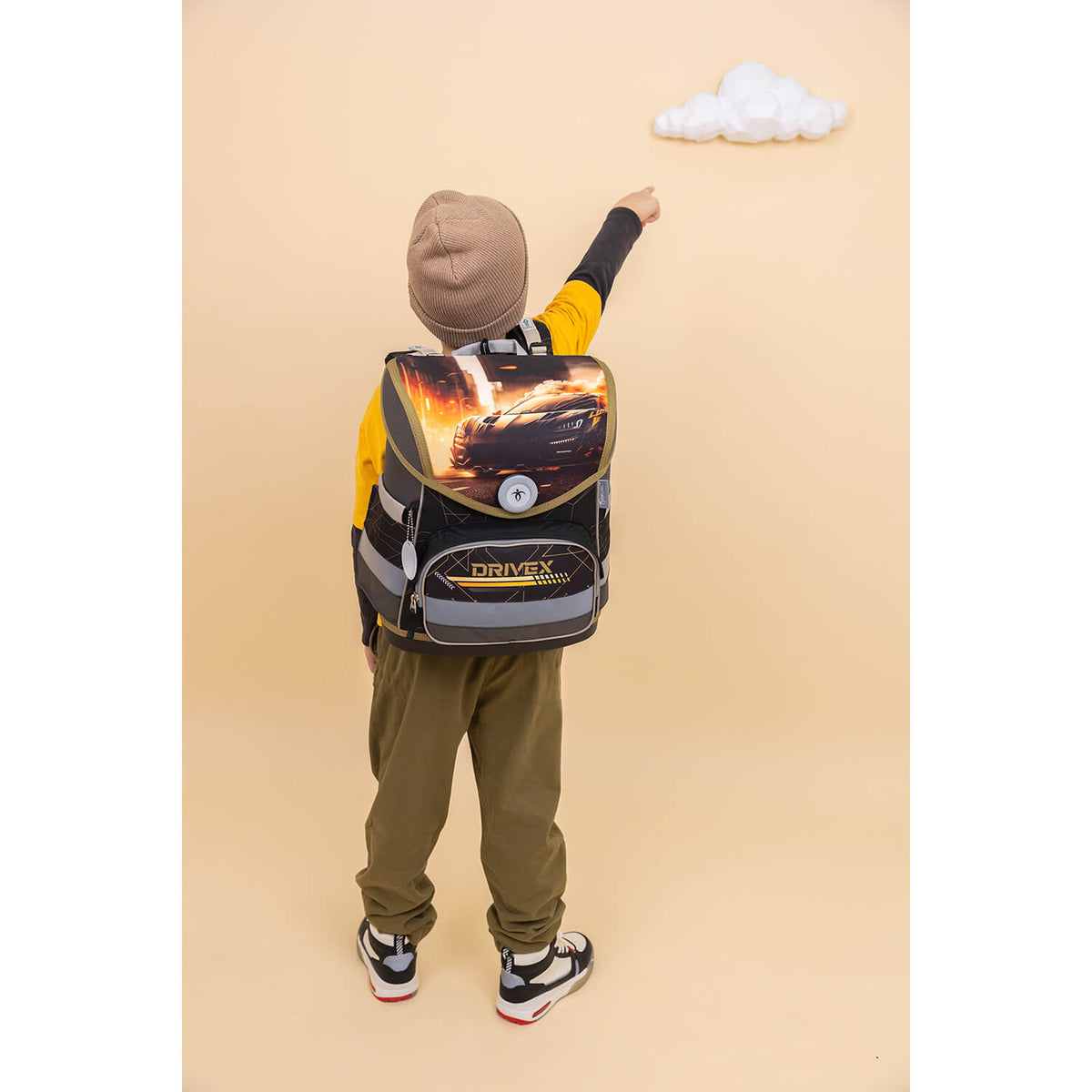 Belmil Compact Ergonomic School Bag Set “Drivex” Design + Dinosaur Raincoat – 5-Piece Set for Boys with ergonomic back panel for comfort.