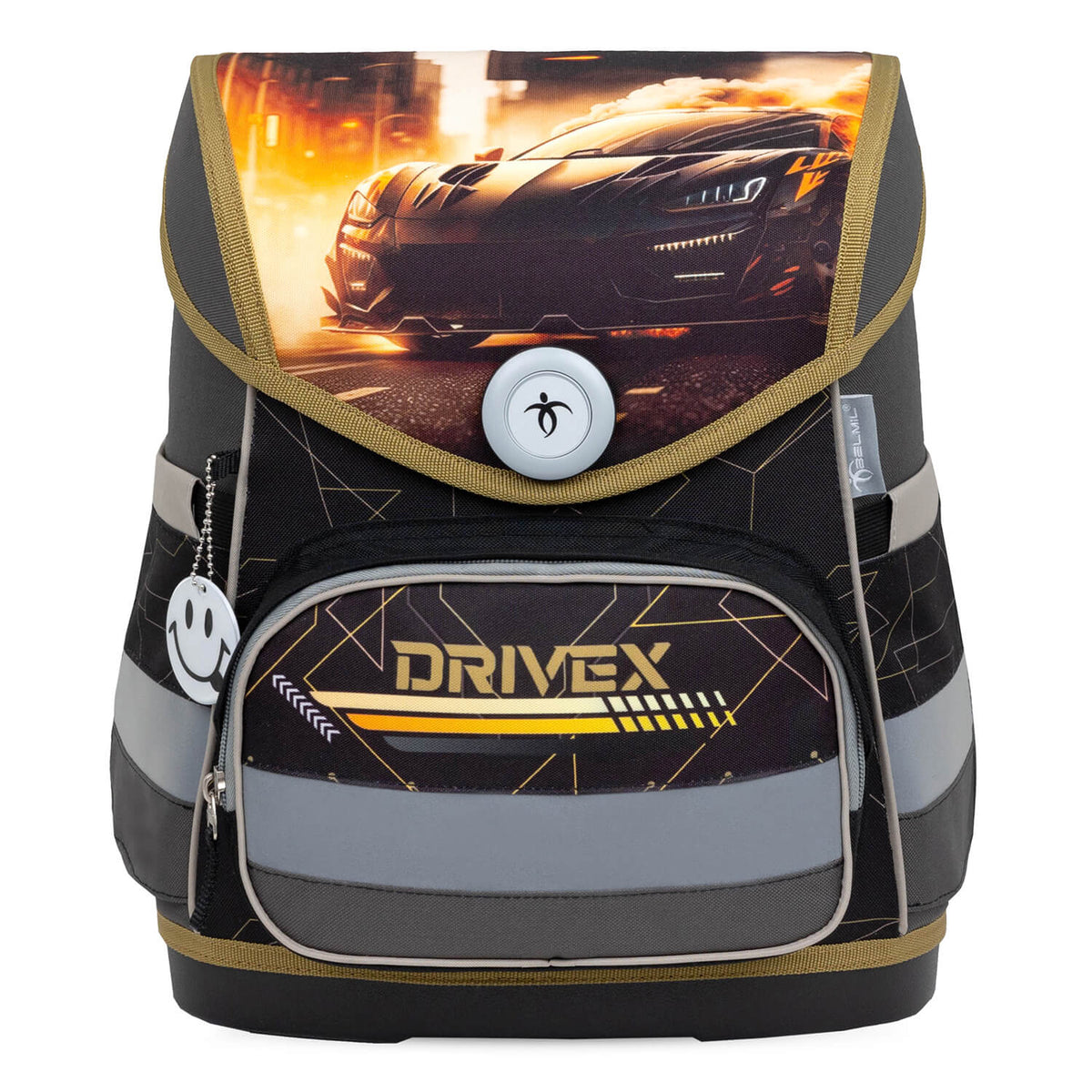 Fidlock magnetic buckle featured on the Belmil Compact Ergonomic School Bag Set “Drivex” Design + Dinosaur Raincoat – 5-Piece Set for Boys.