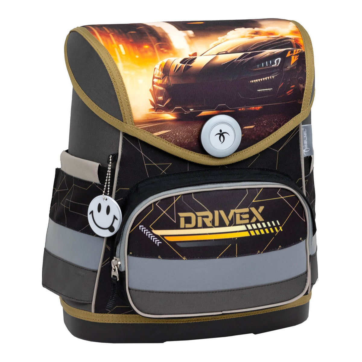 Reflective elements on the Belmil Compact Ergonomic School Bag Set “Drivex” Design + Dinosaur Raincoat – 5-Piece Set for Boys for safety in low light.