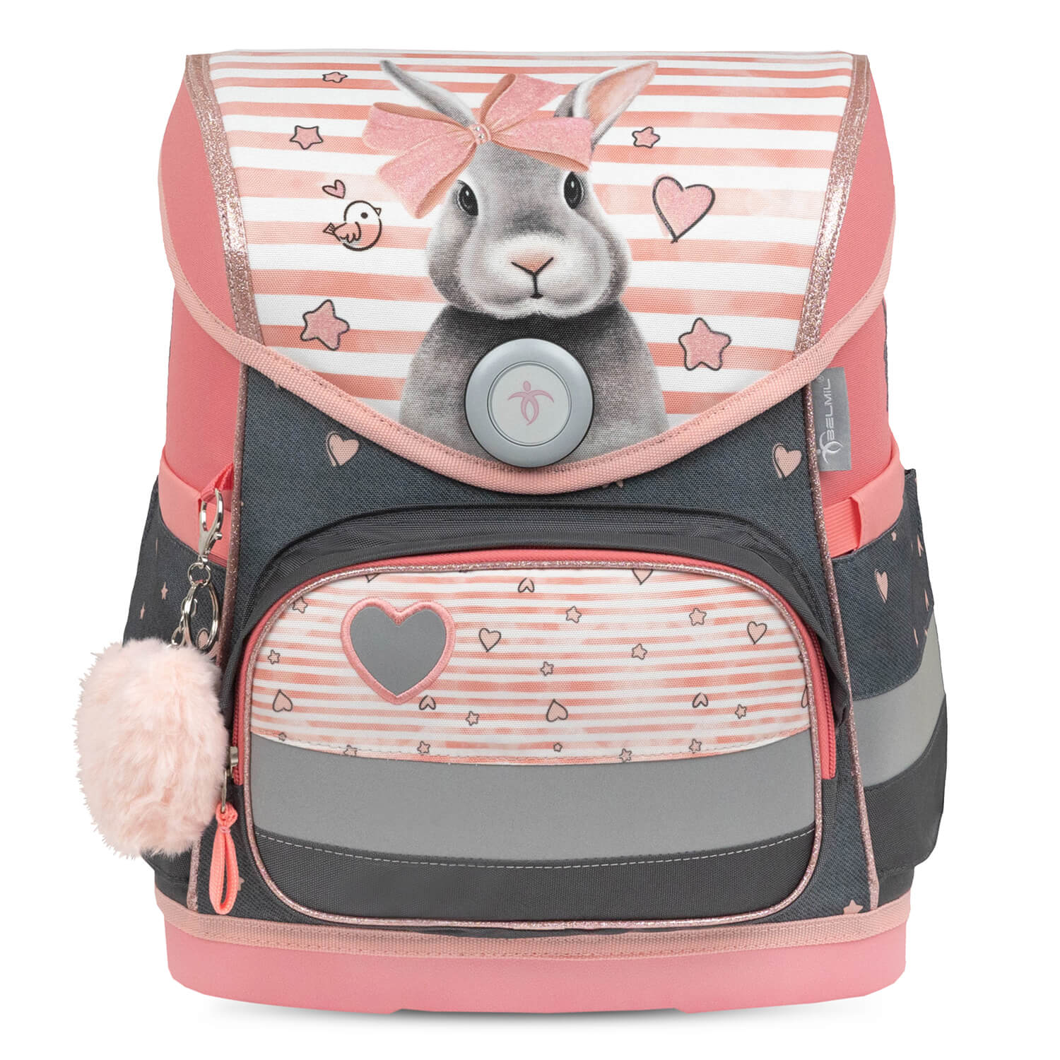 Belmil Compact Ergonomic School Bag Set 'Little Bunnies' Design + Unicorn Raincoat – 5-Piece Set for Girls with close-up of the Fidlock magnetic buckle for easy opening.