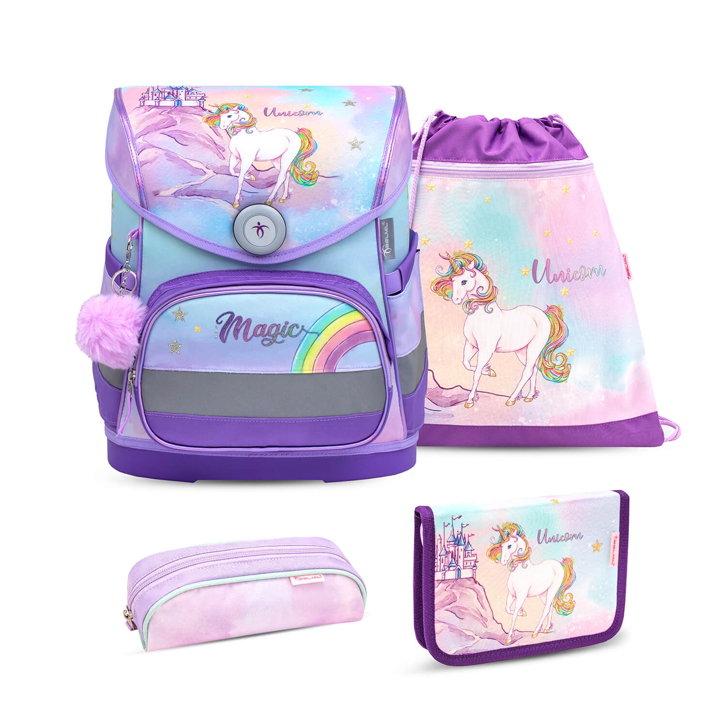 Ergonomic School Bag Set for Girls – Belmil Compact Rainbow Unicorn Magic schoolbag set 4 pcs featuring a vibrant unicorn design and pastel colors.
