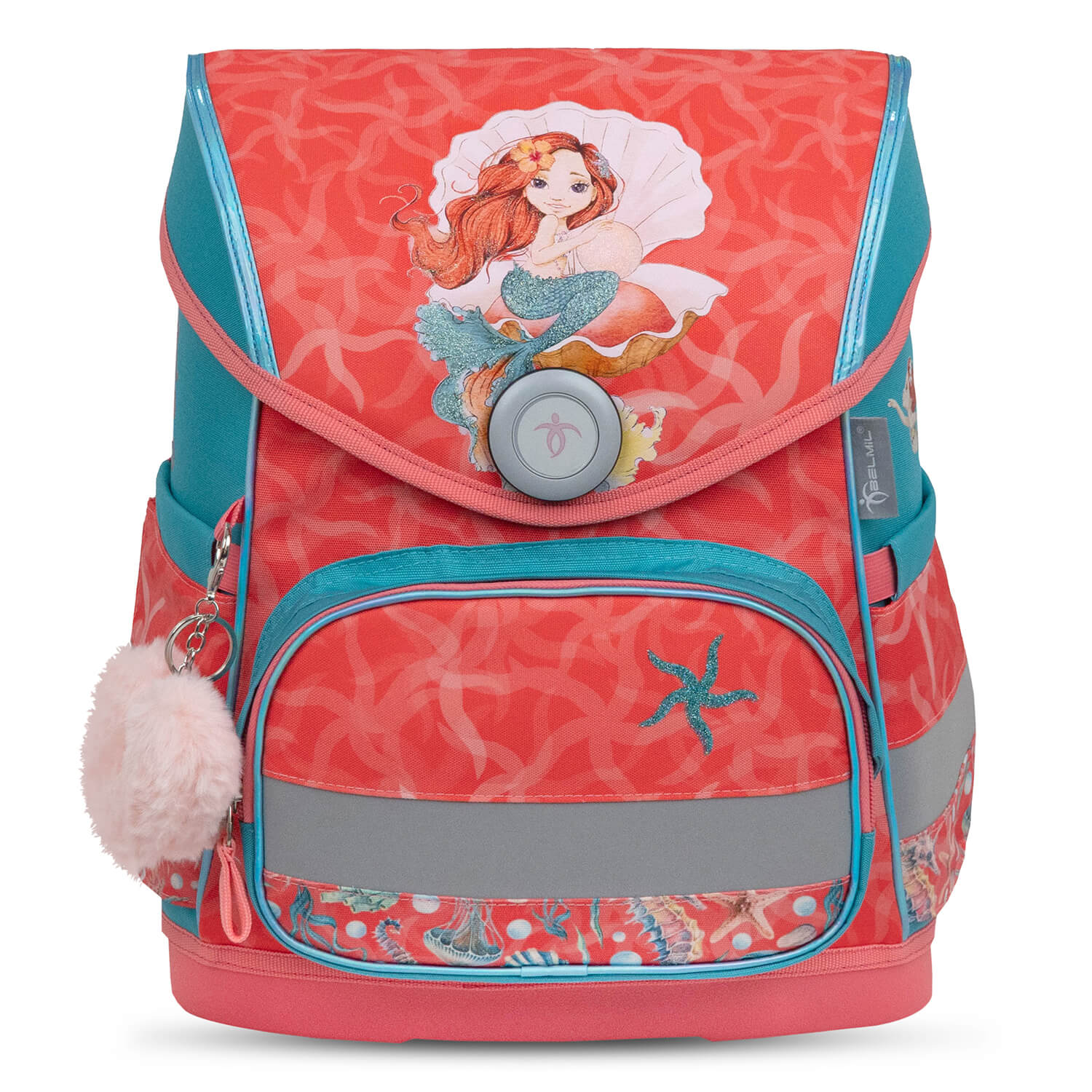 Fidlock magnetic buckle on the Belmil Compact Ergonomic School Bag Set “Sea Queen” Design + Unicorn Raincoat – 5-Piece Set for Girls for easy opening.