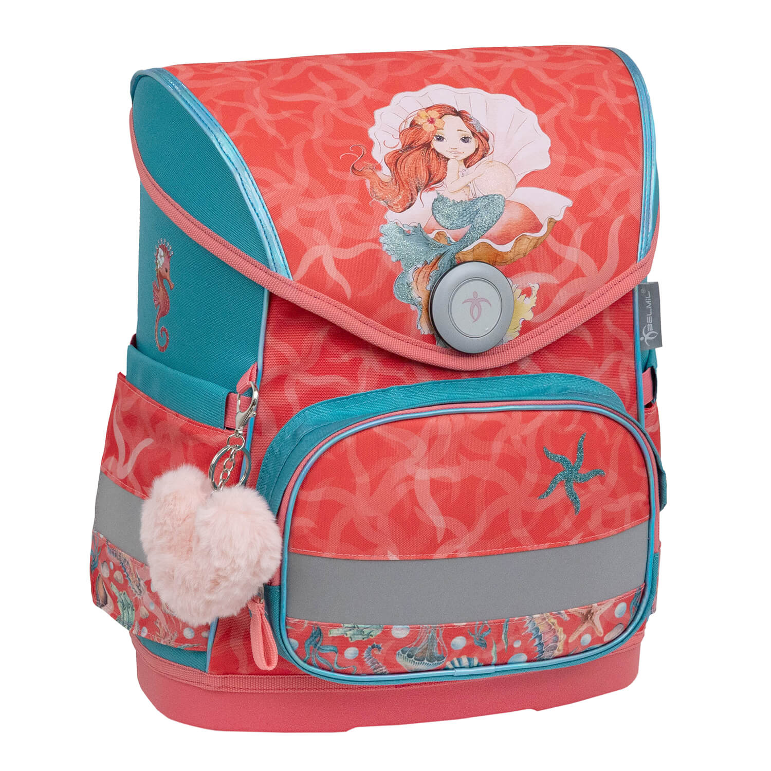 Reflective elements on the Belmil Compact Ergonomic School Bag Set “Sea Queen” Design + Unicorn Raincoat – 5-Piece Set for Girls for enhanced visibility.