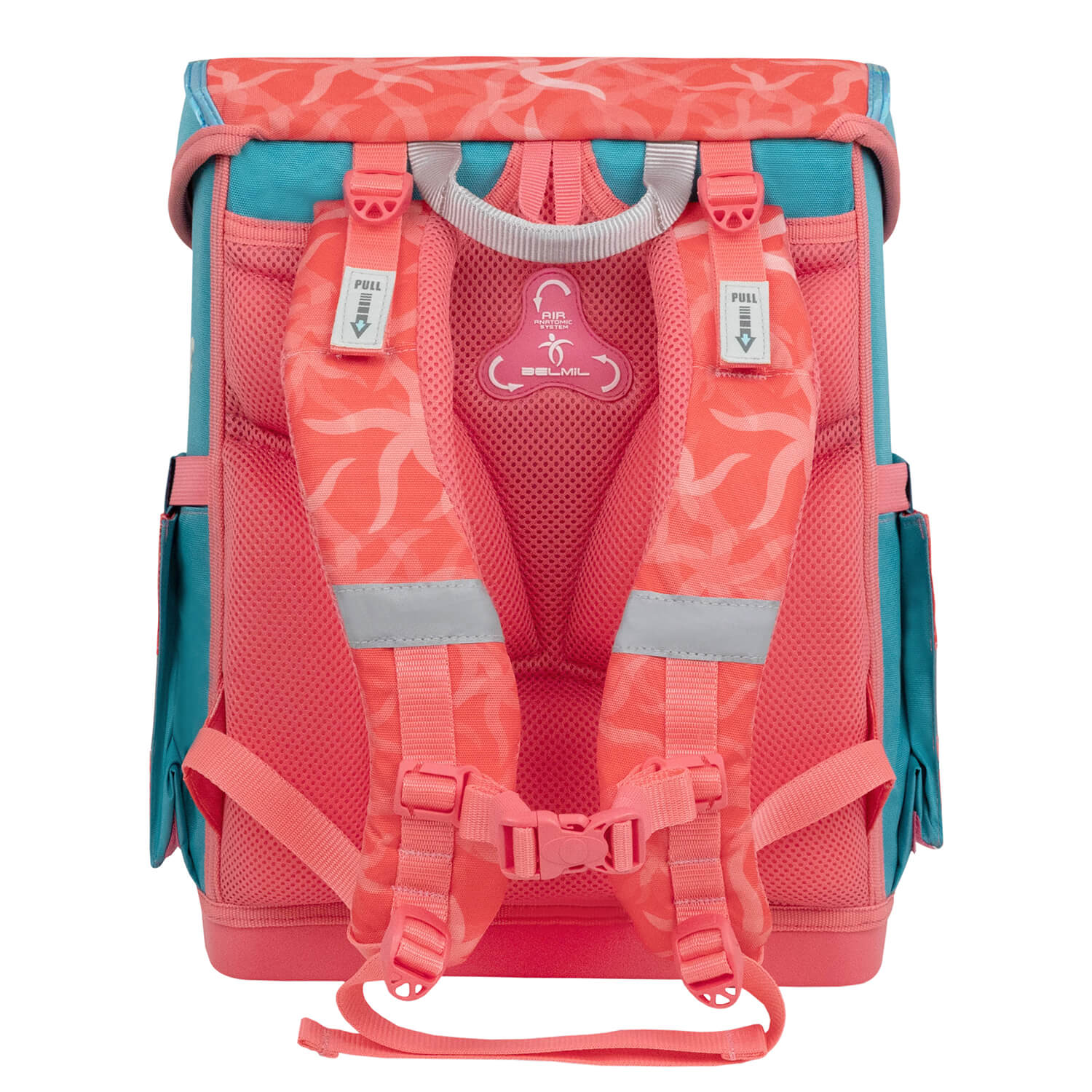 Belmil Compact Ergonomic School Bag Set “Sea Queen” Design + Unicorn Raincoat – 5-Piece Set for Girls displayed with its gym bag and pencil case.