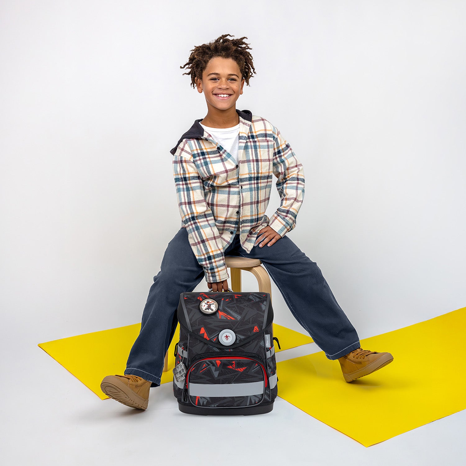 Belmil Compact mit Patches Ergonomic School Bag Set “Ninja” Design + Dinosaur Raincoat – 5-Piece Set for Boys