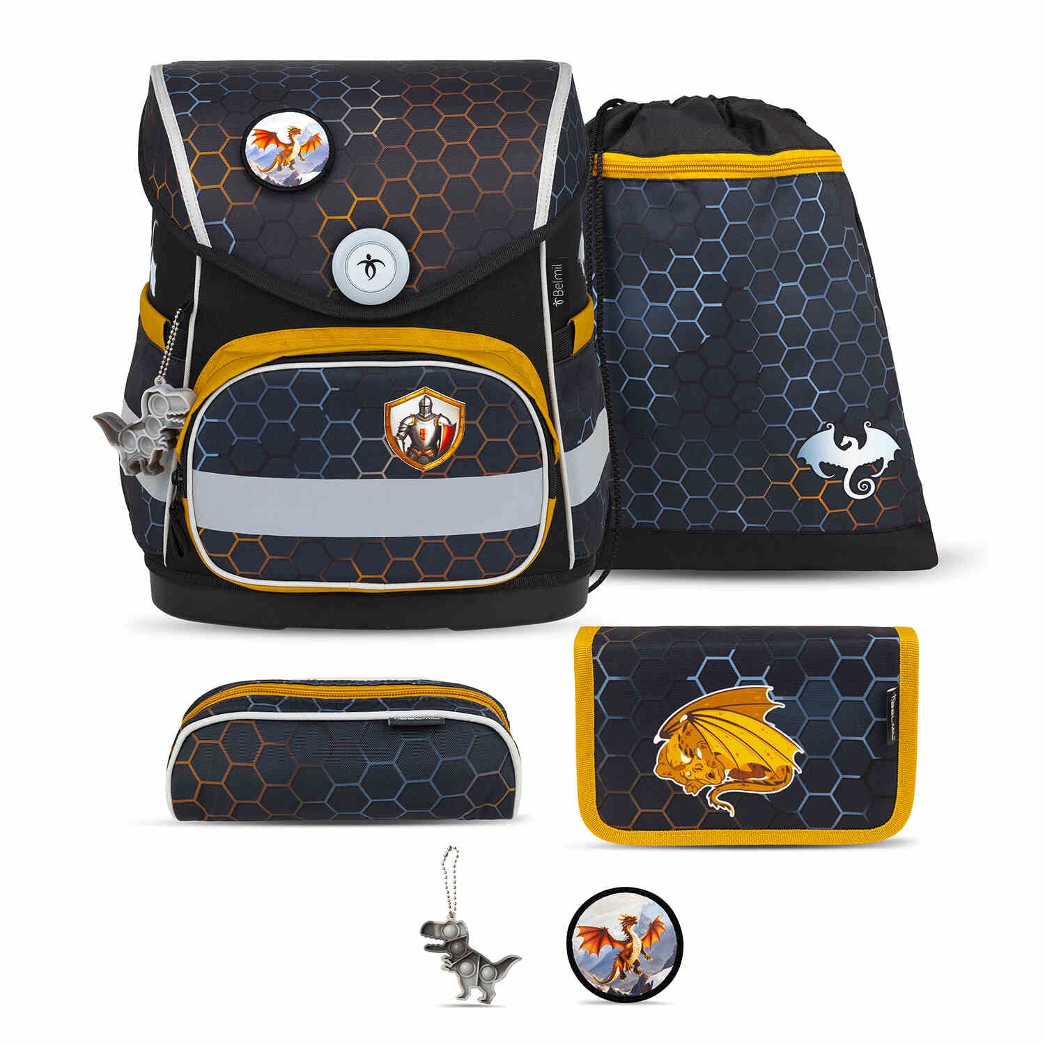 Ergonomic School Bag Set for Boys – Belmil Compact Dragon schoolbag set featuring a dark honeycomb-pattern with fiery orange and yellow dragon motifs, designed for comfort and style.