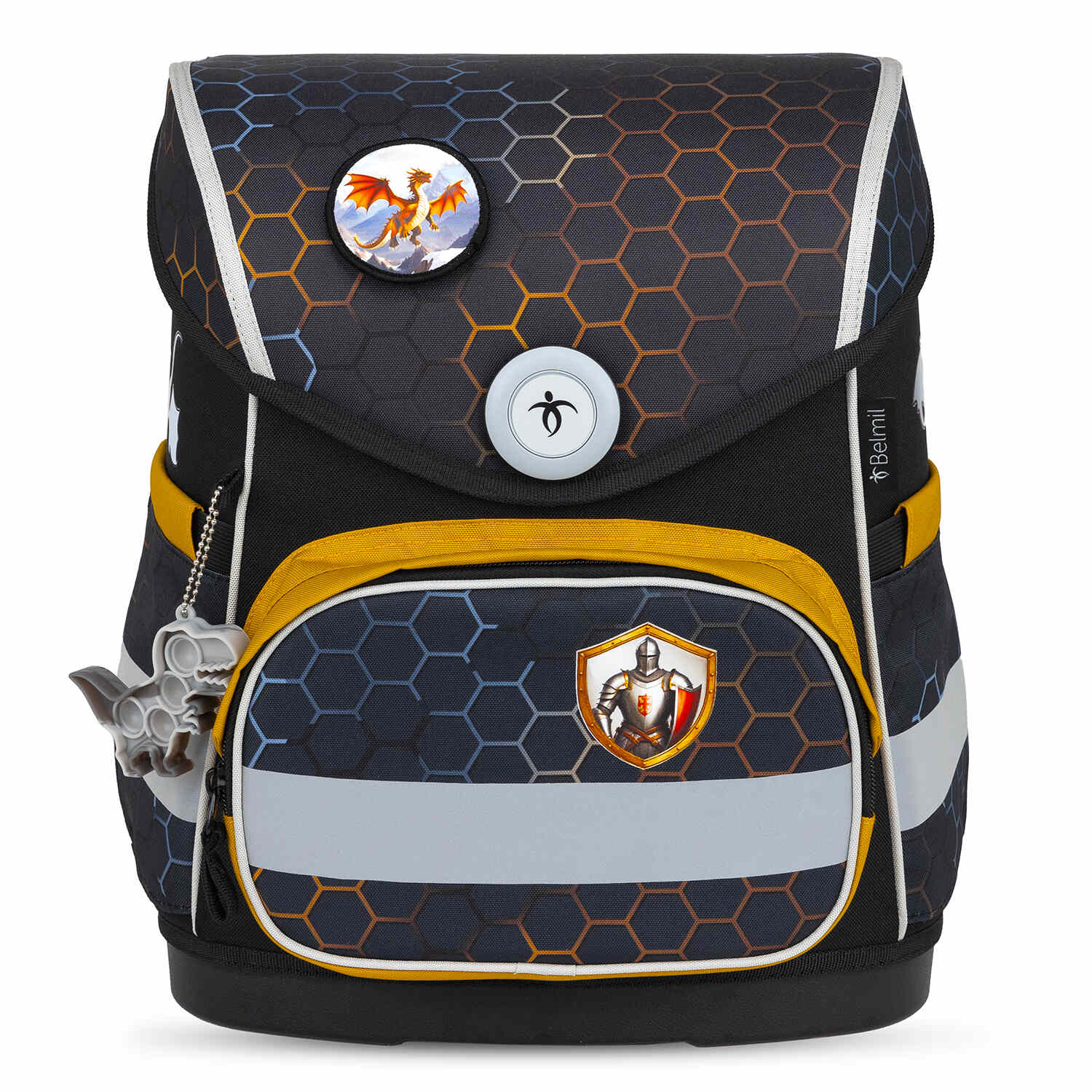 Contents of the Belmil Compact Dragon School Bag Set – 5-Piece Ergonomic Backpack with AGR Certificate, Fidlock Buckle & 4 Decorative Patches including gym bag and pencil case.