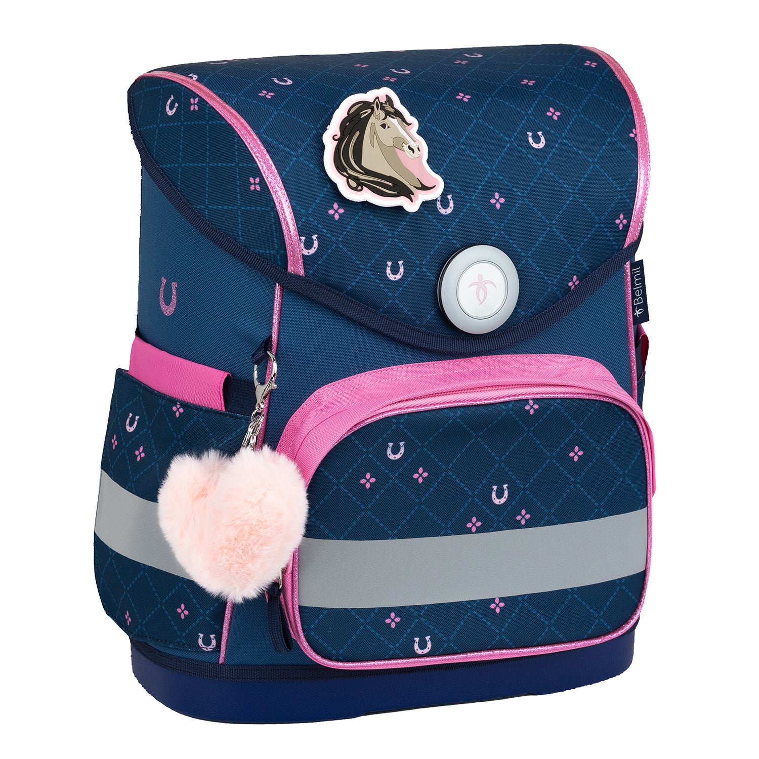 Fidlock magnetic buckle detail on Belmil Compact Ergonomic School Bag Set “Meet your Horses” Design + Unicorn Raincoat made for girls.