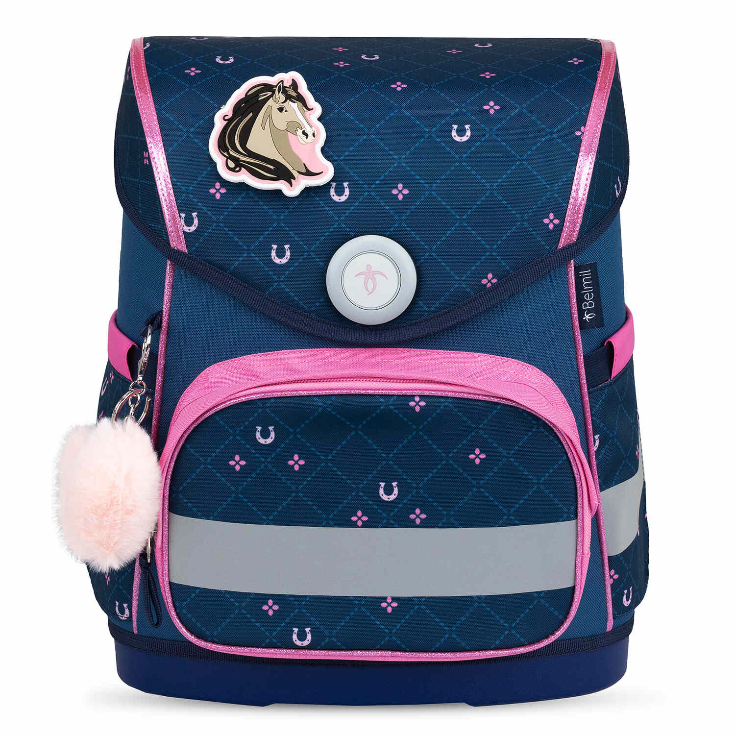Ergonomic School Bag Set for Girls – Belmil Compact Meet Your Horses schoolbag set 5 pcs, highlighting the high-quality Fidlock magnetic closure.