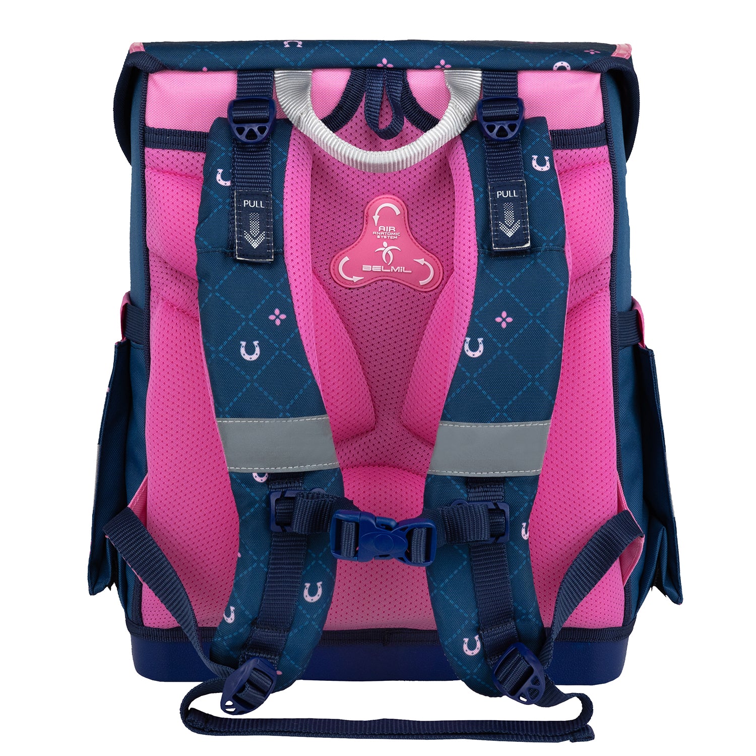 Complete view of the Belmil Compact Ergonomic School Bag Set “Meet your Horses” Design + Unicorn Raincoat – 5-Piece Set for Girls in colorful setting.