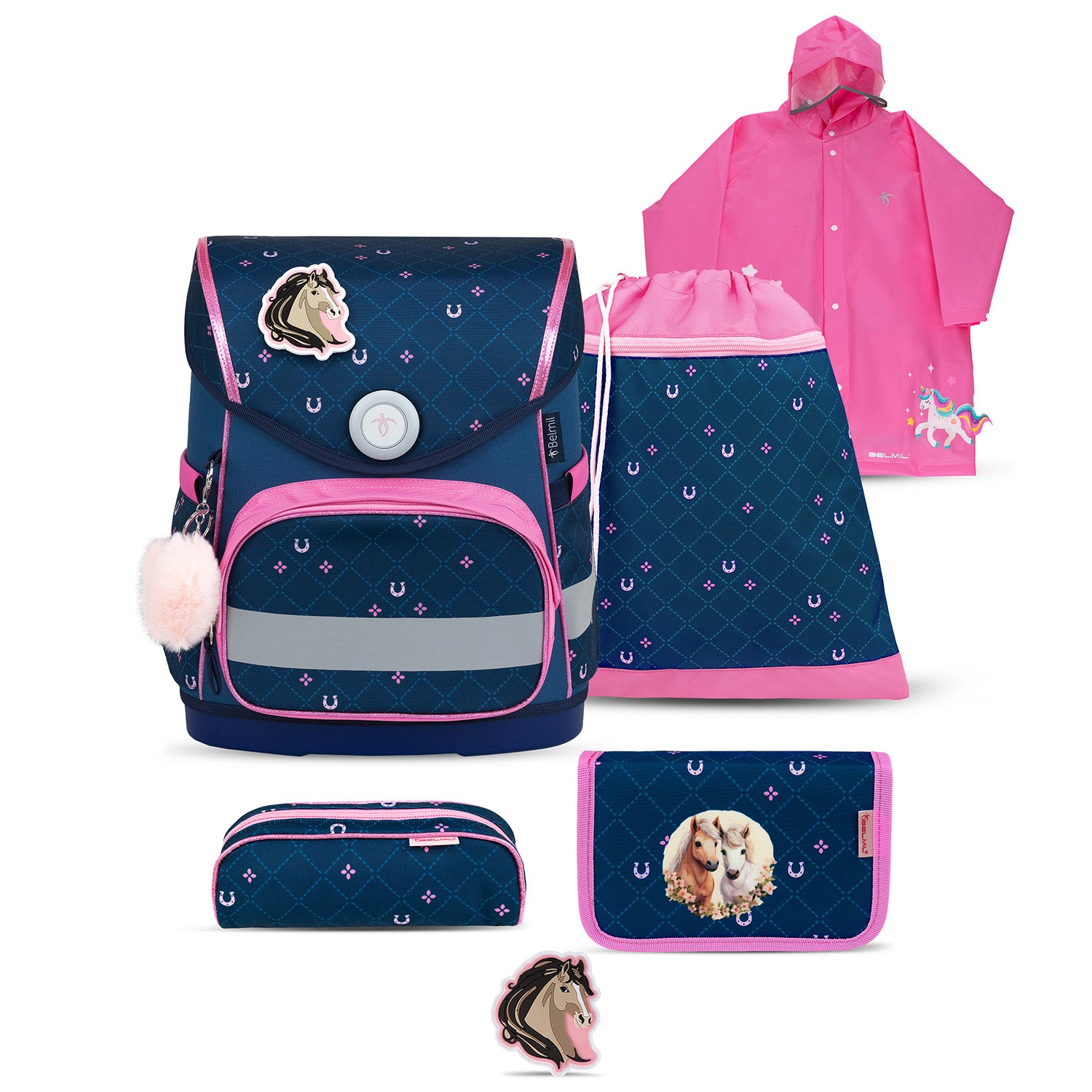 Belmil Compact Ergonomic School Bag Set “Meet your Horses” Design + Unicorn Raincoat – 5-Piece Set for Girls with colorful patches.