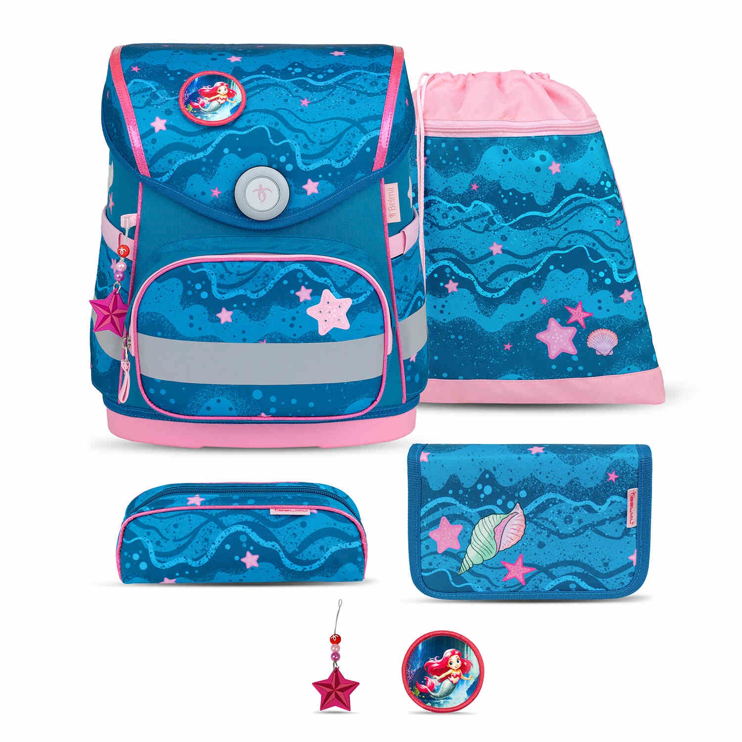 Ergonomic School Bag Set for Girls – Belmil Compact Mermaid schoolbag set 5 pcs featuring a vibrant underwater mermaid theme with ocean blues and pink starfish designs, ideal for kids from 110 cm height.