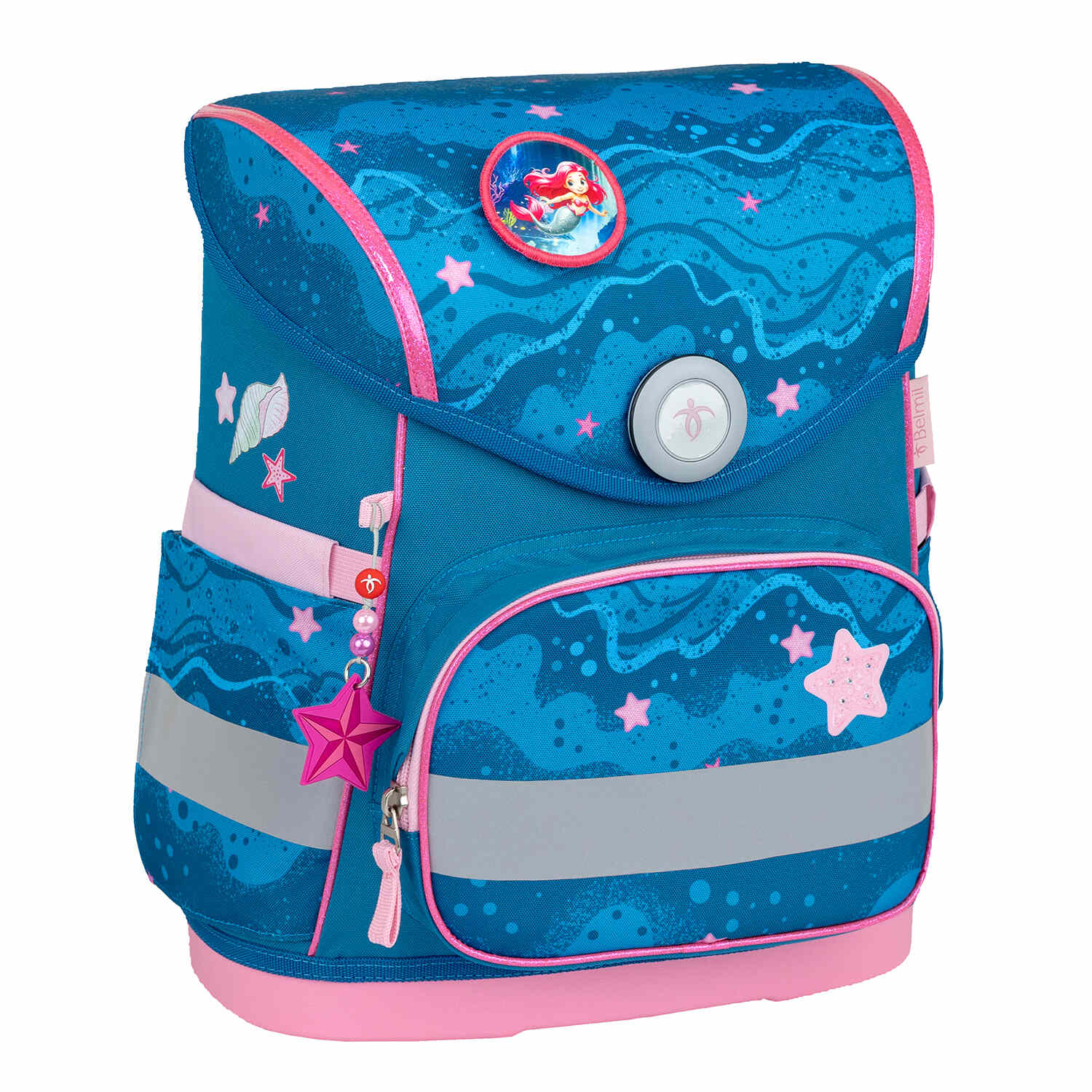 The enchanting Mermaid design on the Belmil Compact Mermaid School Bag Set – 5-Piece Ergonomic Backpack with AGR Certificate, Fidlock Buckle & 4 Decorative Patches.