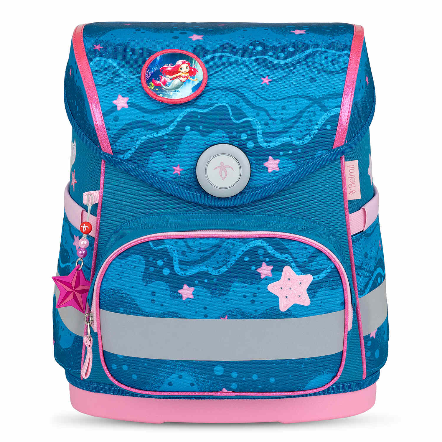 Close-up of the Fidlock Buckle on the Belmil Compact Mermaid School Bag Set – 5-Piece Ergonomic Backpack with AGR Certificate, Fidlock Buckle & 4 Decorative Patches.