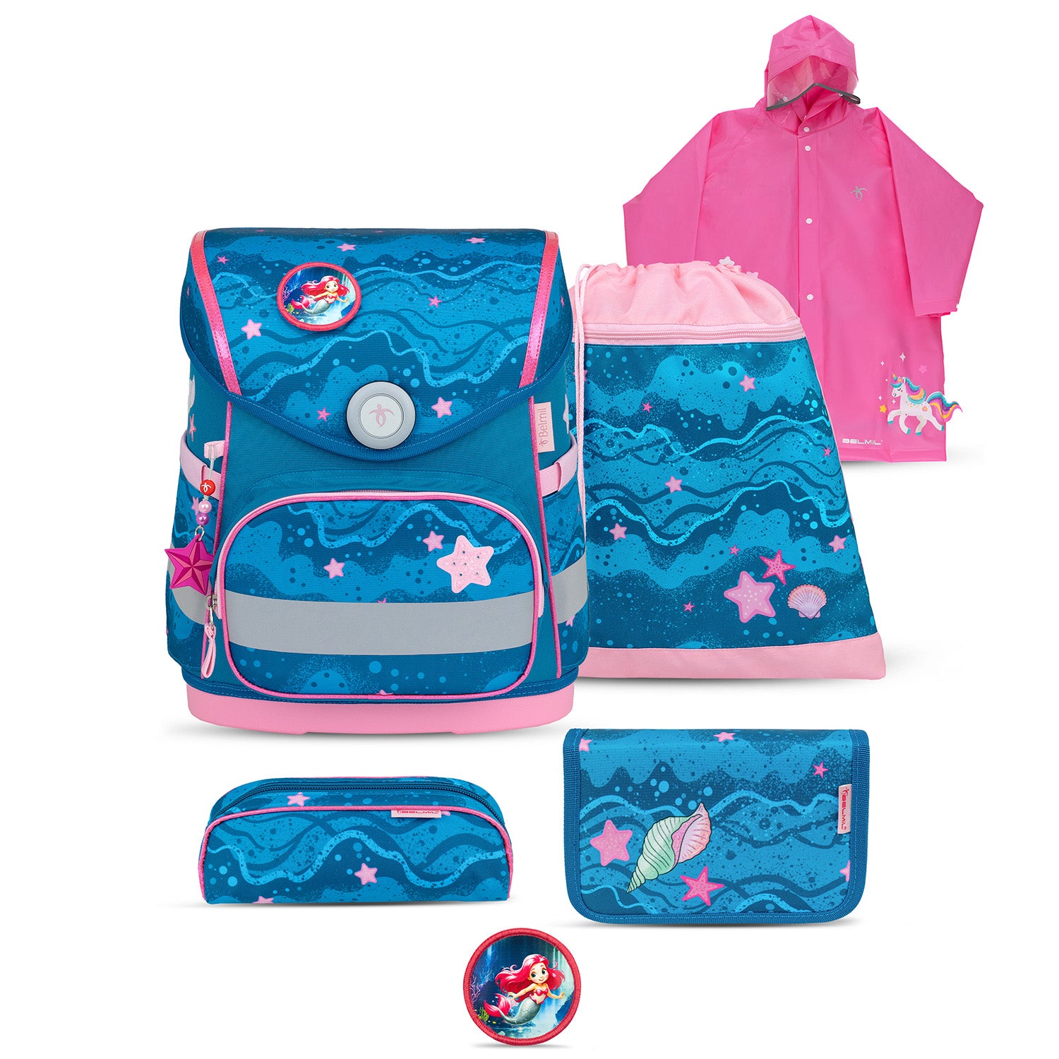 Belmil Compact Ergonomic School Bag Set “Cute Doe” Design + Unicorn Raincoat – 5-Piece Set for Girls featuring a stylish and colorful school bag ideal for young girls.