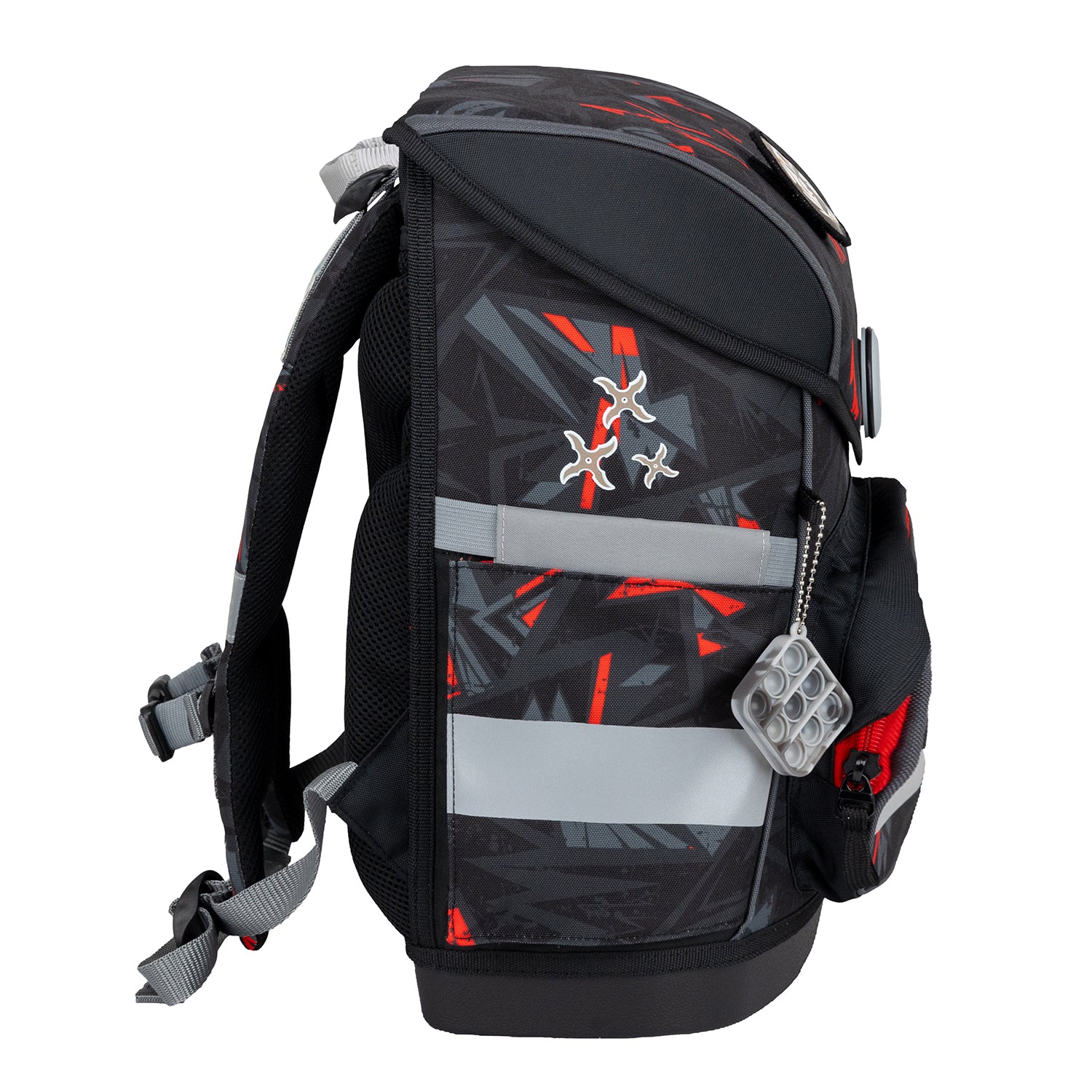 Reflective elements on the Belmil Compact Ergonomic School Bag Set “Drivex” Design + Dinosaur Raincoat – 5-Piece Set for Boys for safety at night.