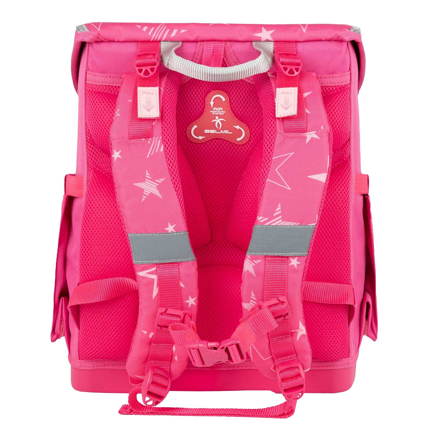 Ergonomic School Bag Set for Girls – Belmil Compact Starry Magic (5 pcs) displayed with patches and side pockets for organization.