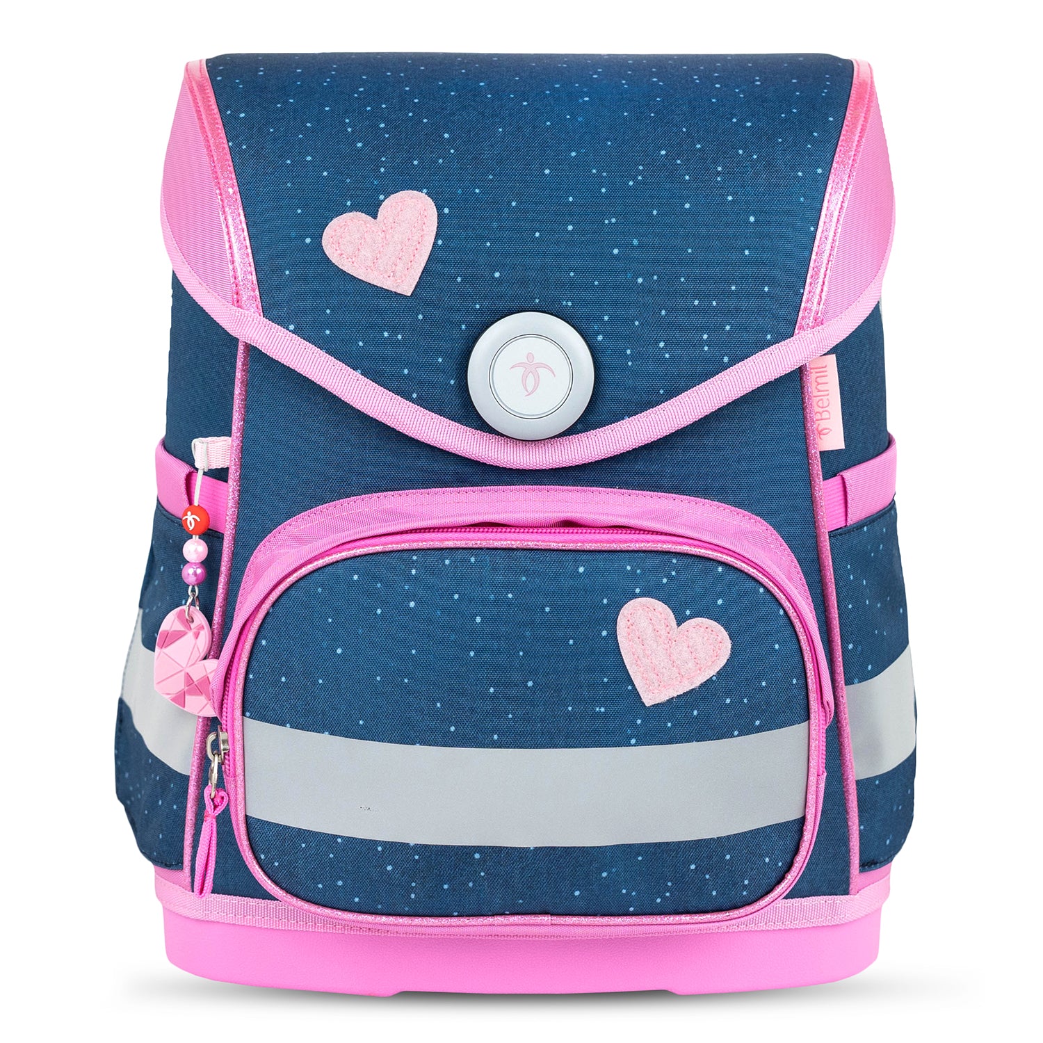 Side view of Belmil Compact Ergonomic School Bag Set “Cute Doe” Design + Unicorn Raincoat – 5-Piece Set for Girls showing the ergonomic back panel with breathable padding.